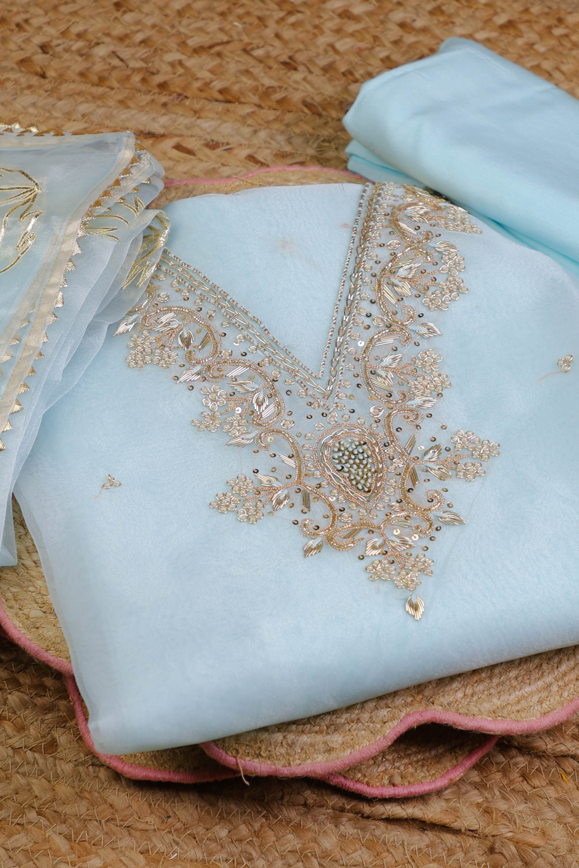 Sky Blue Unstitch Suit with V-Neck Zardozi and Pearl Work