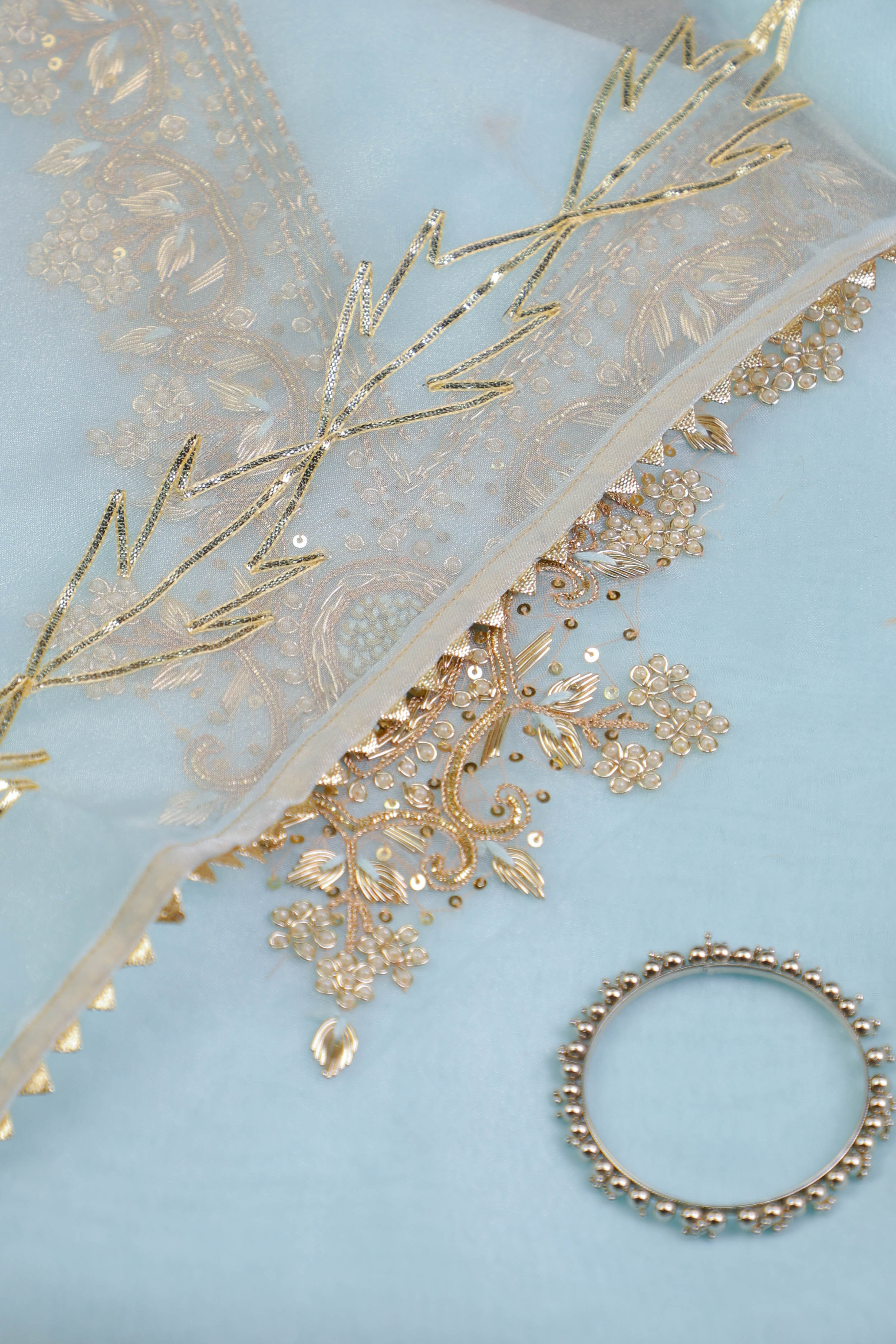 Sky Blue Unstitch Suit with V-Neck Zardozi and Pearl Work