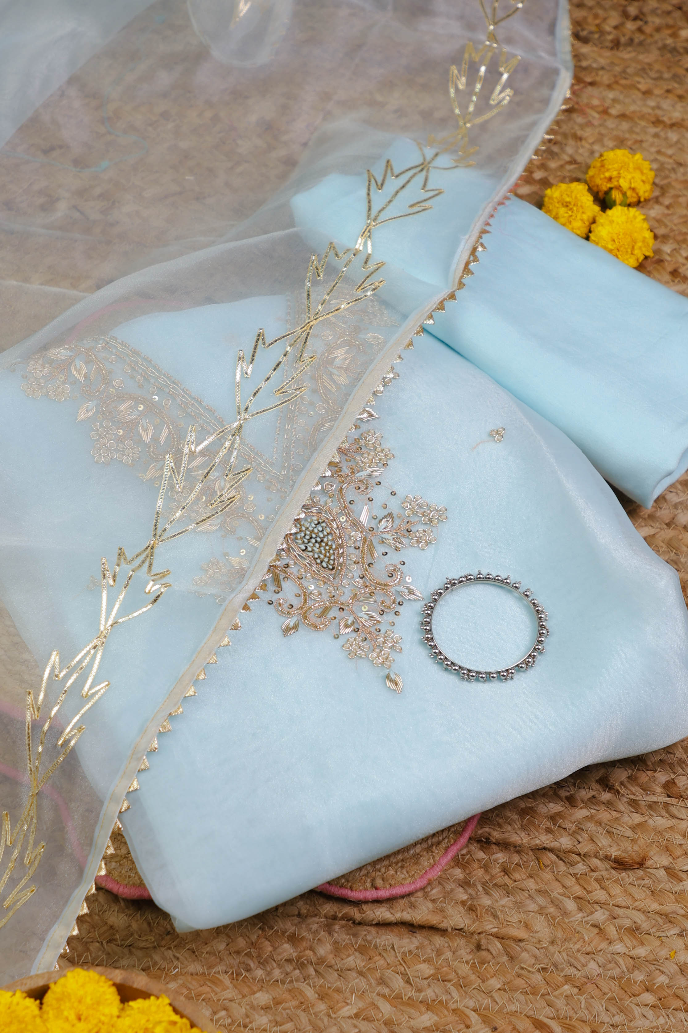 Sky Blue Unstitch Suit with V-Neck Zardozi and Pearl Work