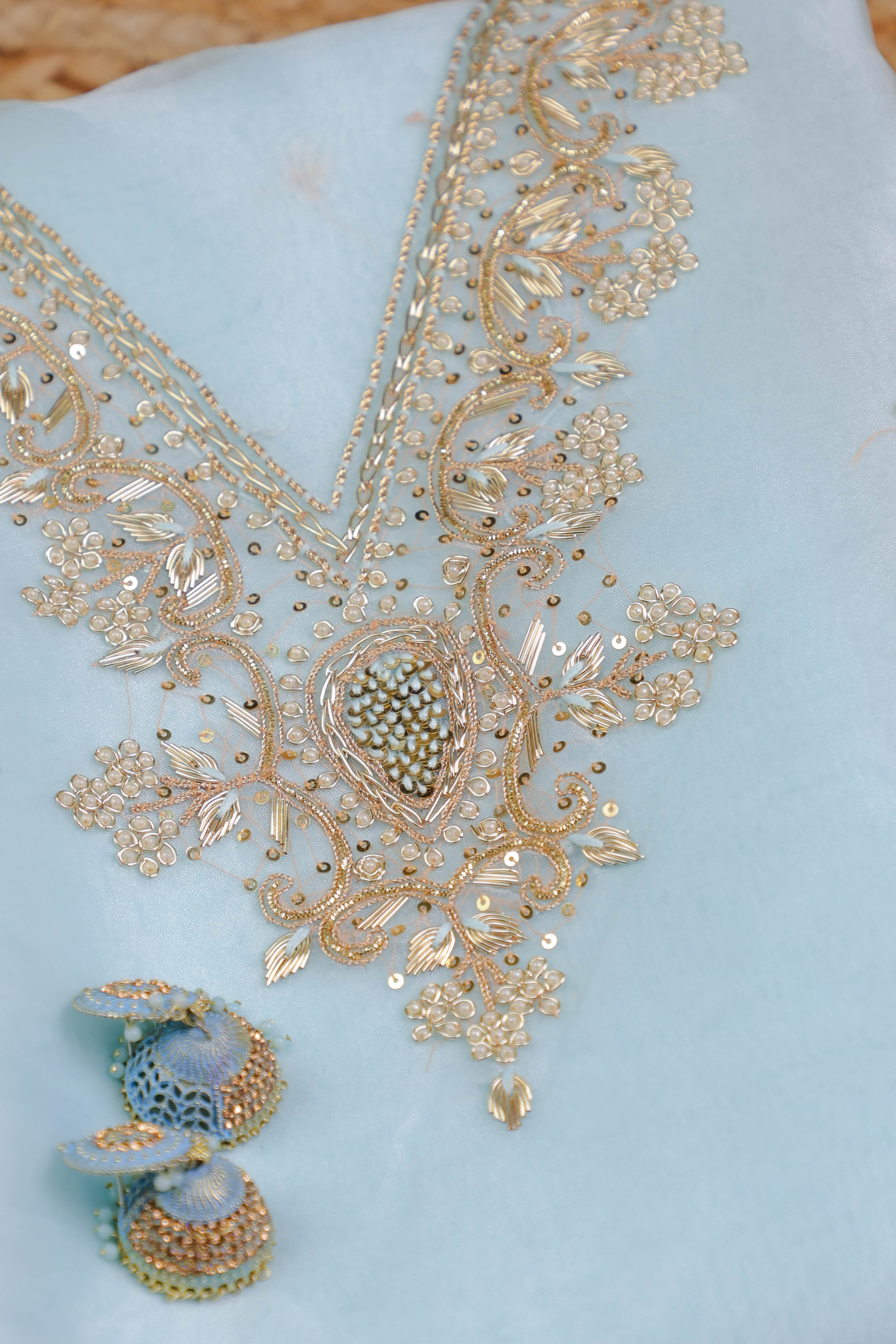 Sky Blue Unstitch Suit with V-Neck Zardozi and Pearl Work