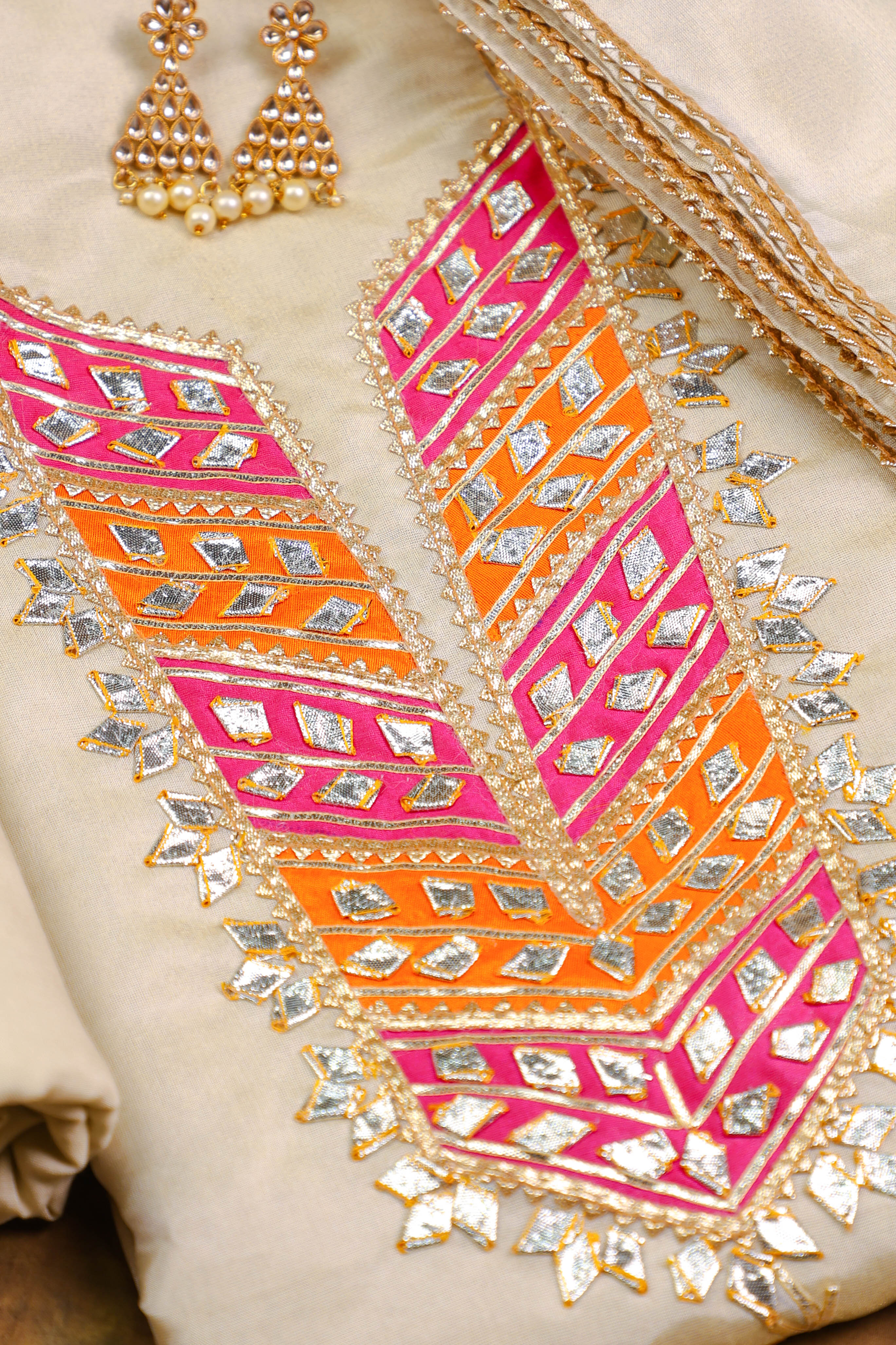 Champagne Grandeur Unstitched Shimmer Suit Set with Regal Pink-Orange Gota Embellishment