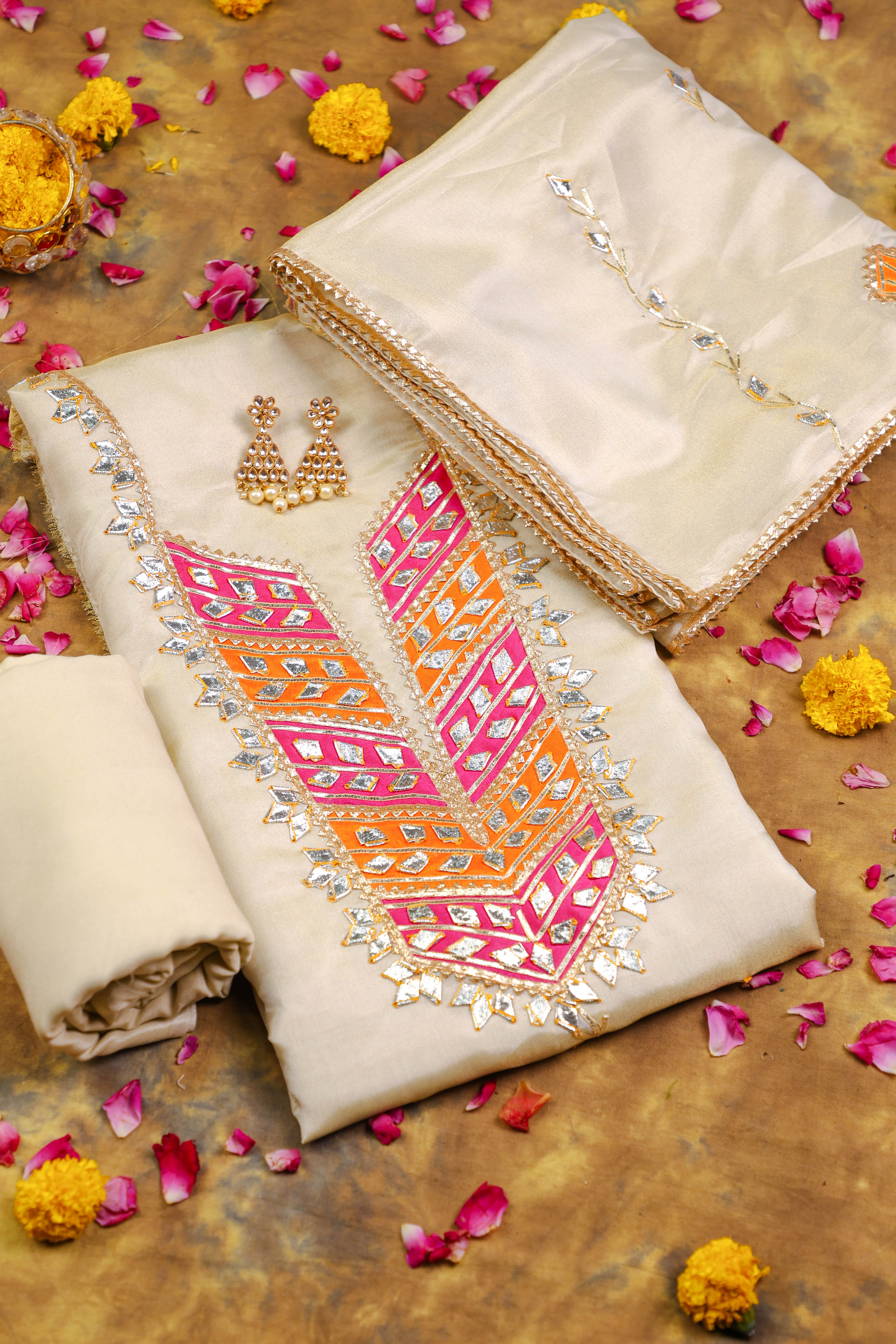 Champagne Grandeur Unstitched Shimmer Suit Set with Regal Pink-Orange Gota Embellishment