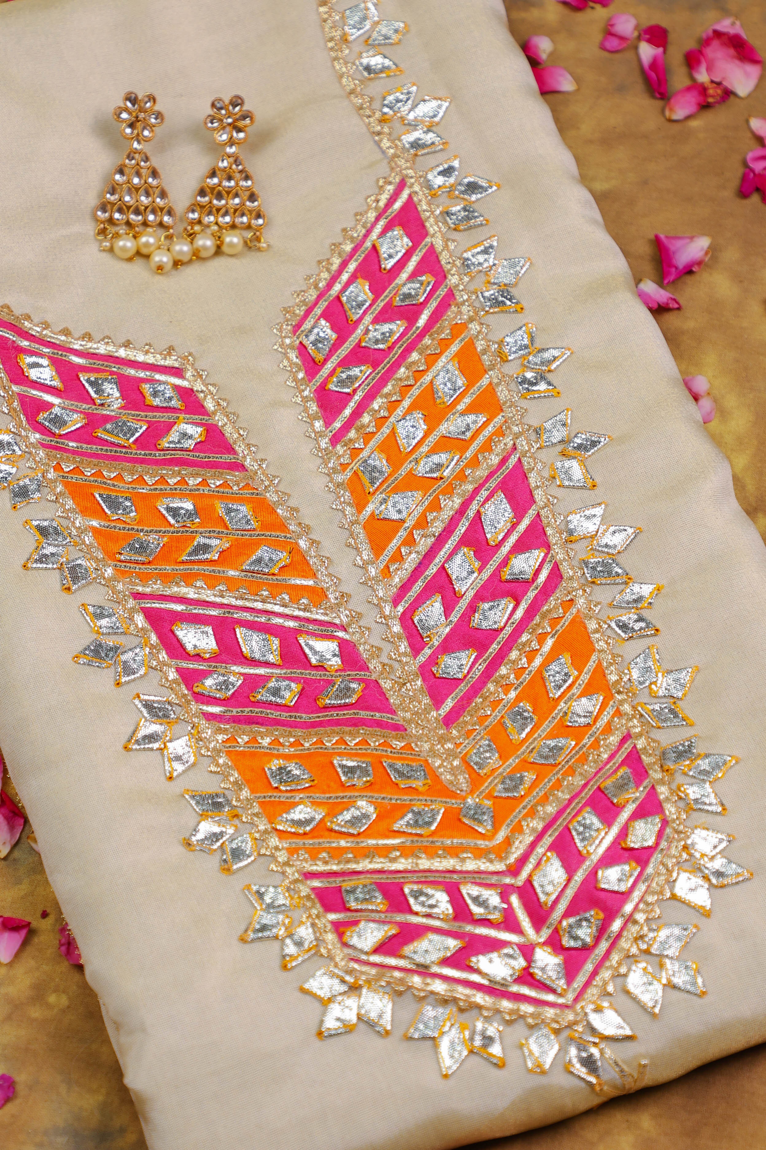 Champagne Grandeur Unstitched Shimmer Suit Set with Regal Pink-Orange Gota Embellishment
