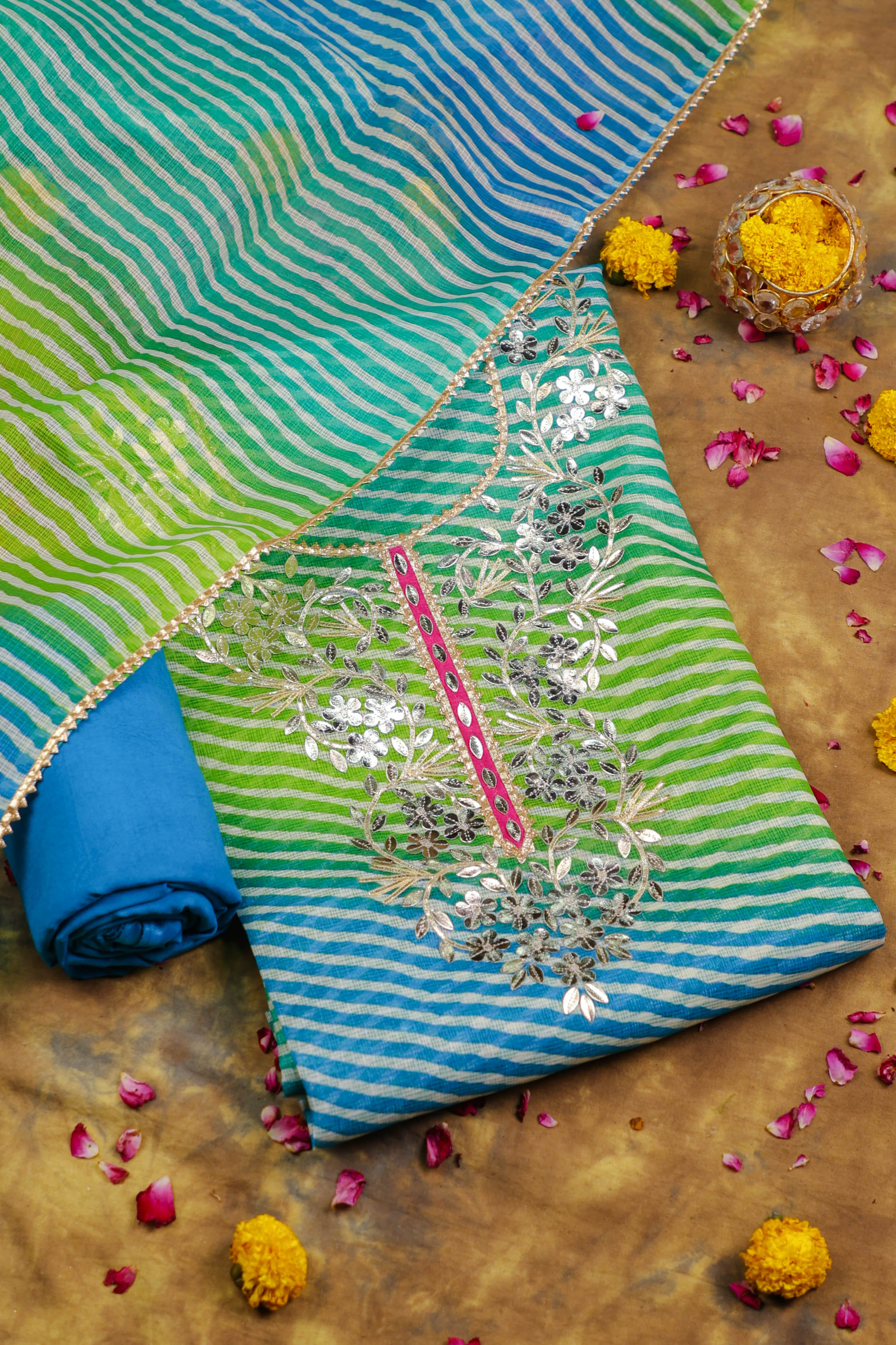 Blue-Green Lahariya Grace Unstitched Kota Doria Suit Set with Gota Patti Detailing