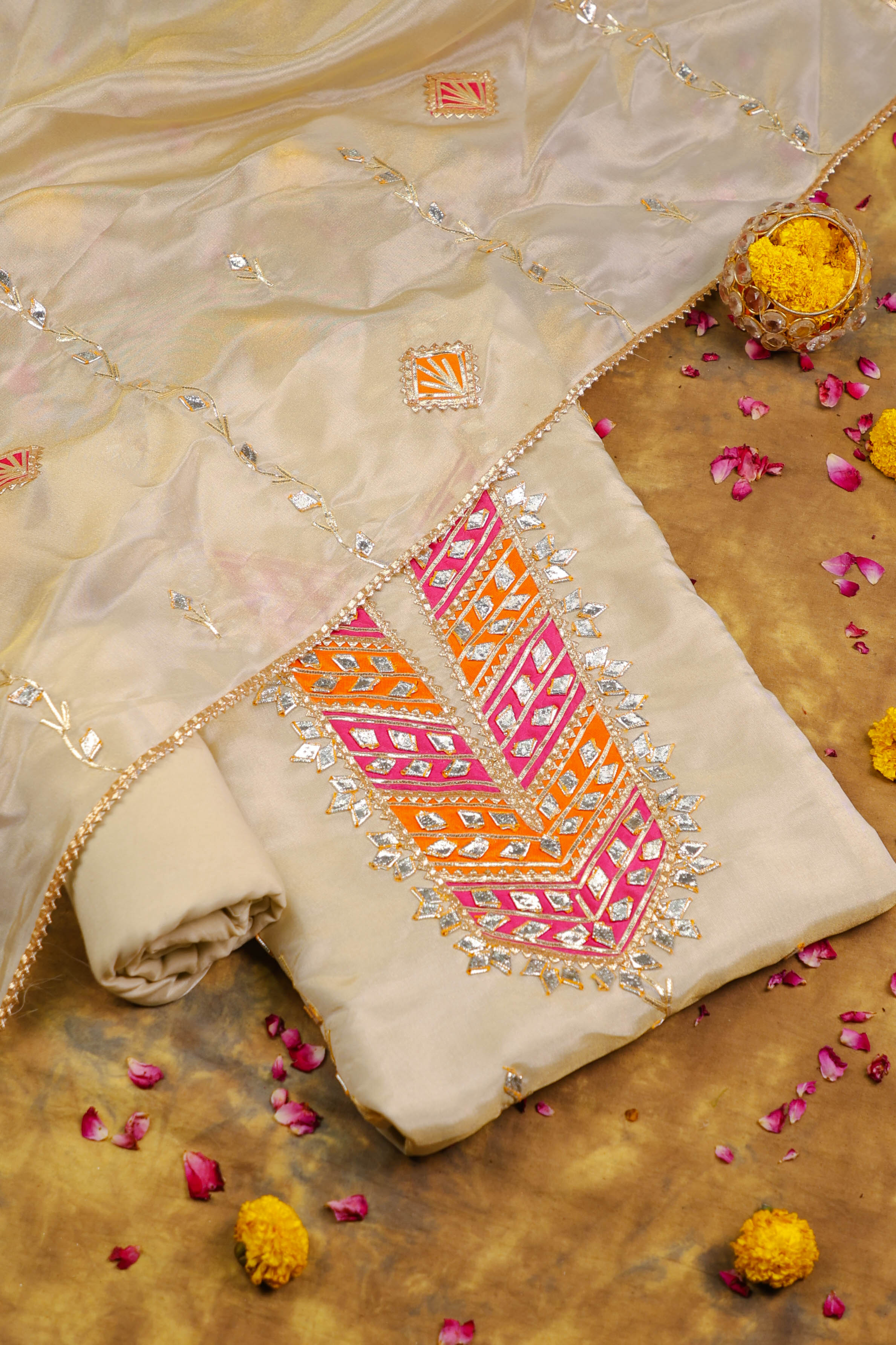 Champagne Grandeur Unstitched Shimmer Suit Set with Regal Pink-Orange Gota Embellishment