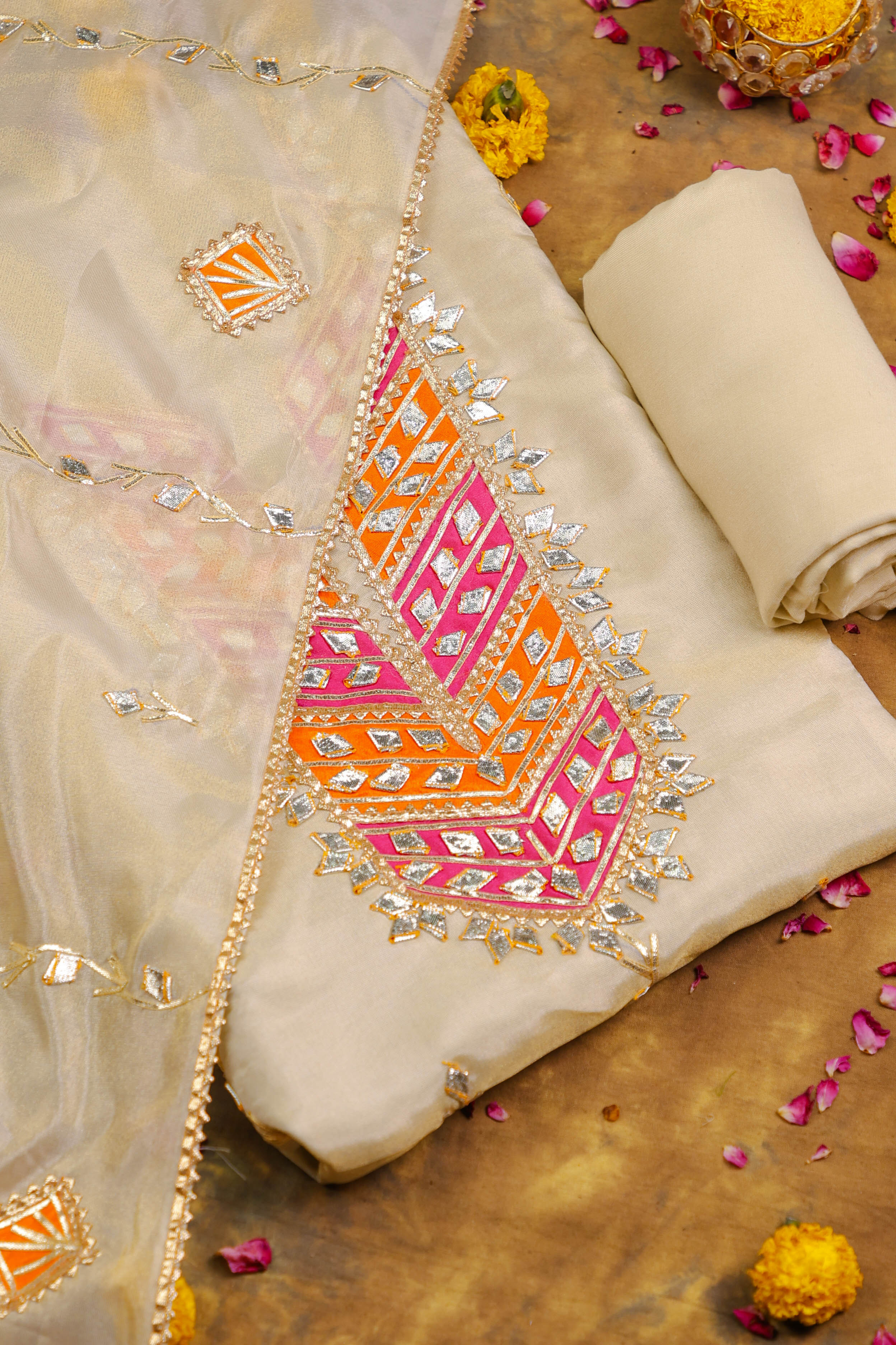 Champagne Grandeur Unstitched Shimmer Suit Set with Regal Pink-Orange Gota Embellishment