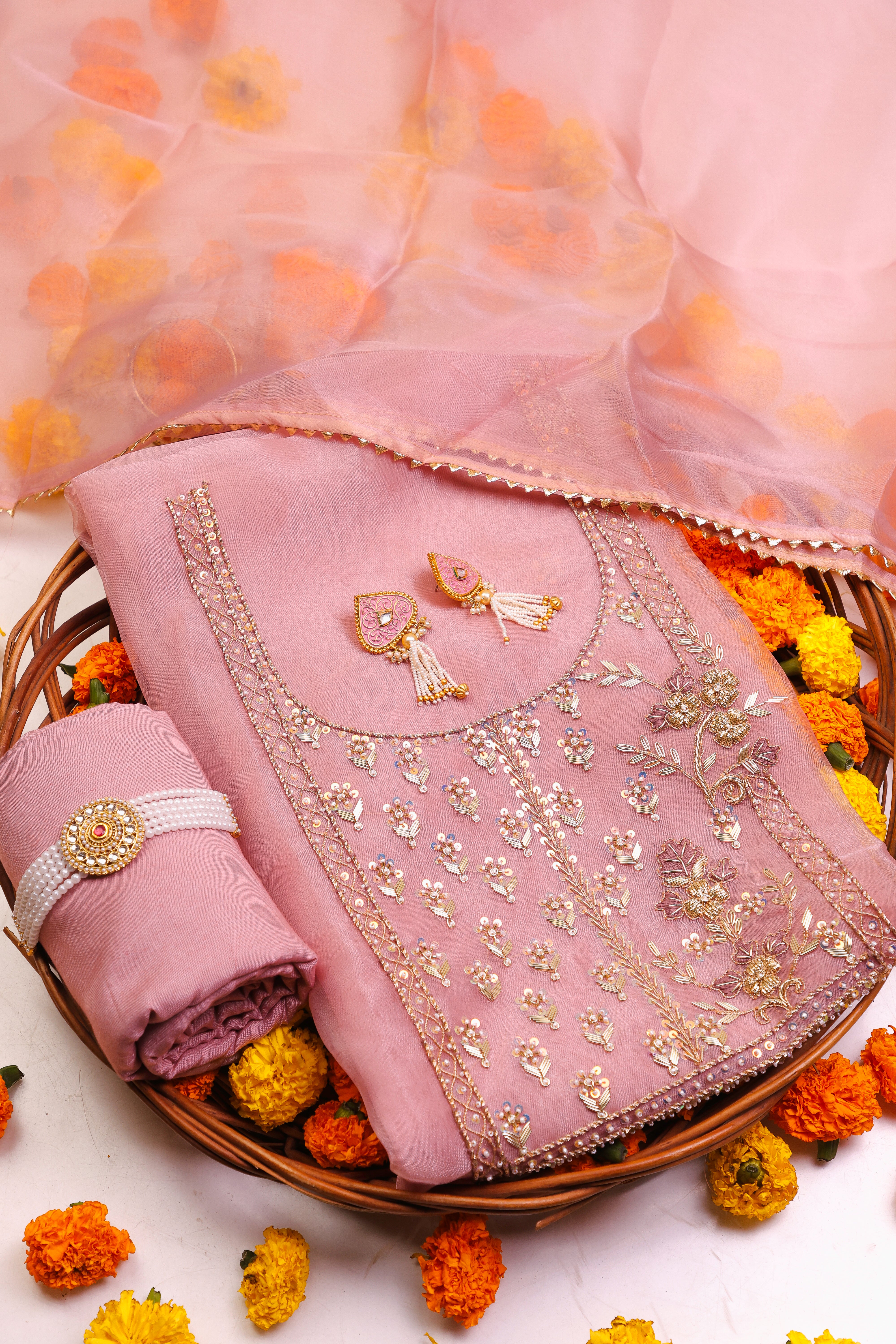 Onion Pink Unstitch Suit with Handcrafted Heavy Zardozi, Thread, and Jaal Work