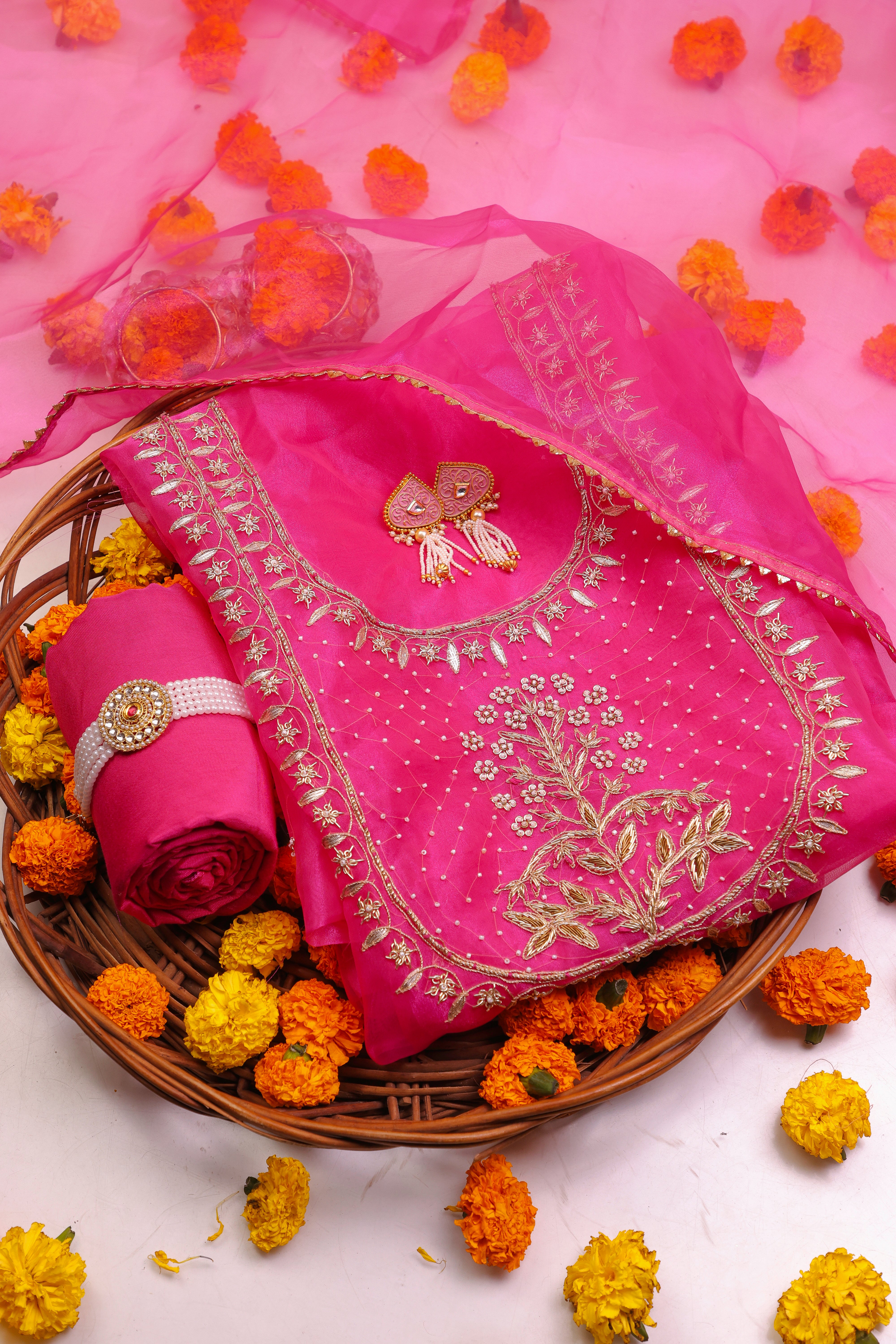 Hot Pink Unstitch Suit with Handcrafted Zardozi and Pearl Work