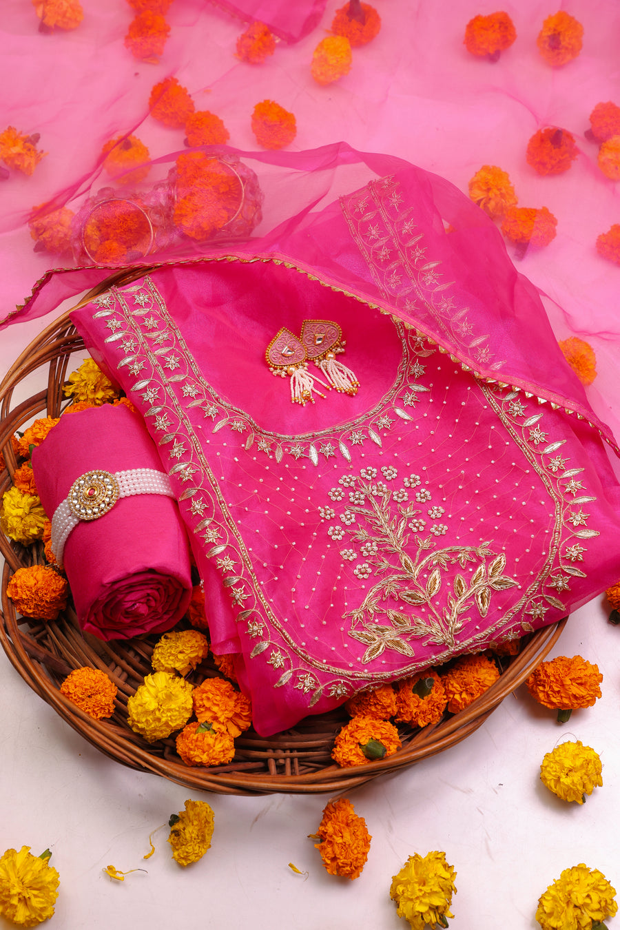 Hot Pink Unstitch Suit with Handcrafted Zardozi and Pearl Work