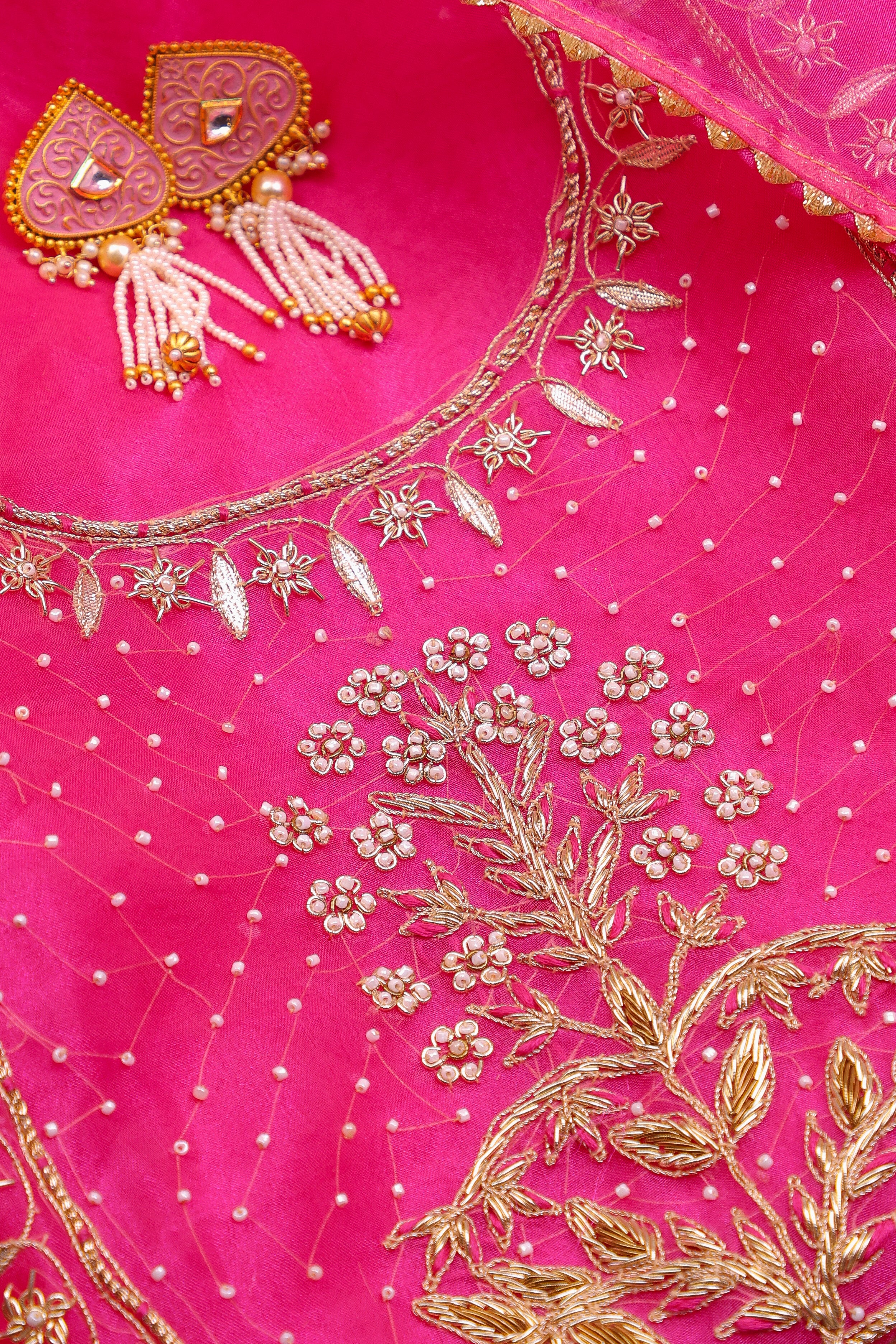 Hot Pink Unstitch Suit with Handcrafted Zardozi and Pearl Work
