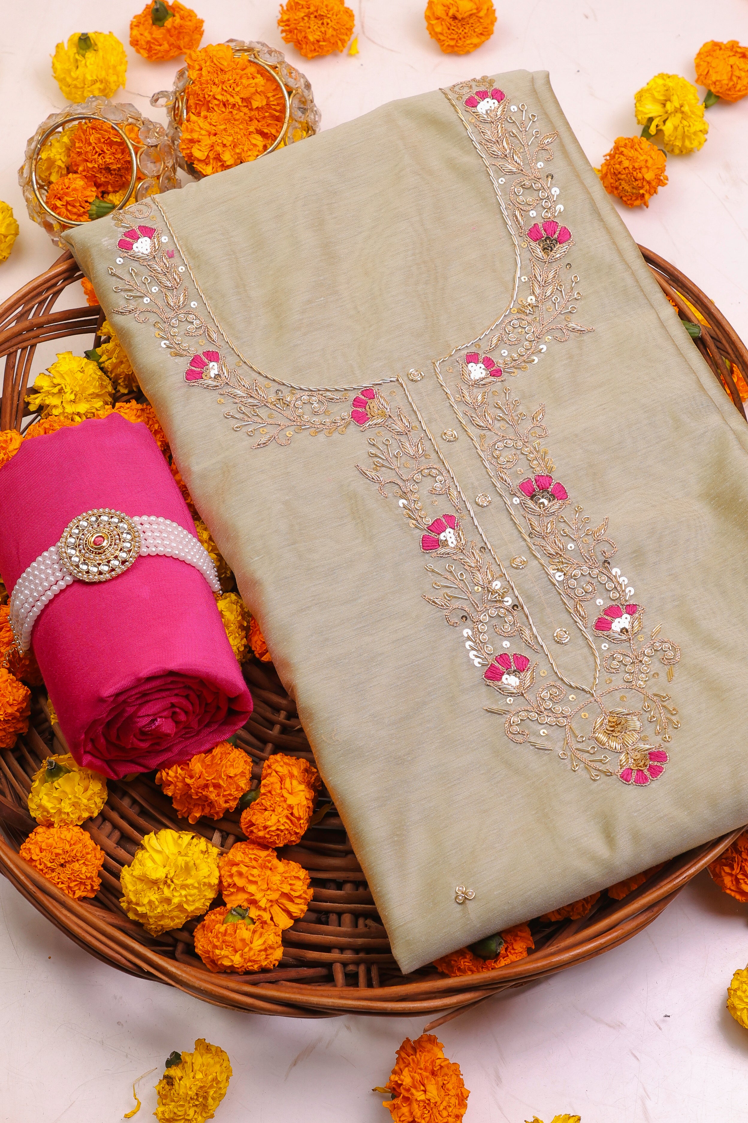 Pista Green Unstitch Suit with Handcrafted Heavy Zardosi and Rani Thread Work