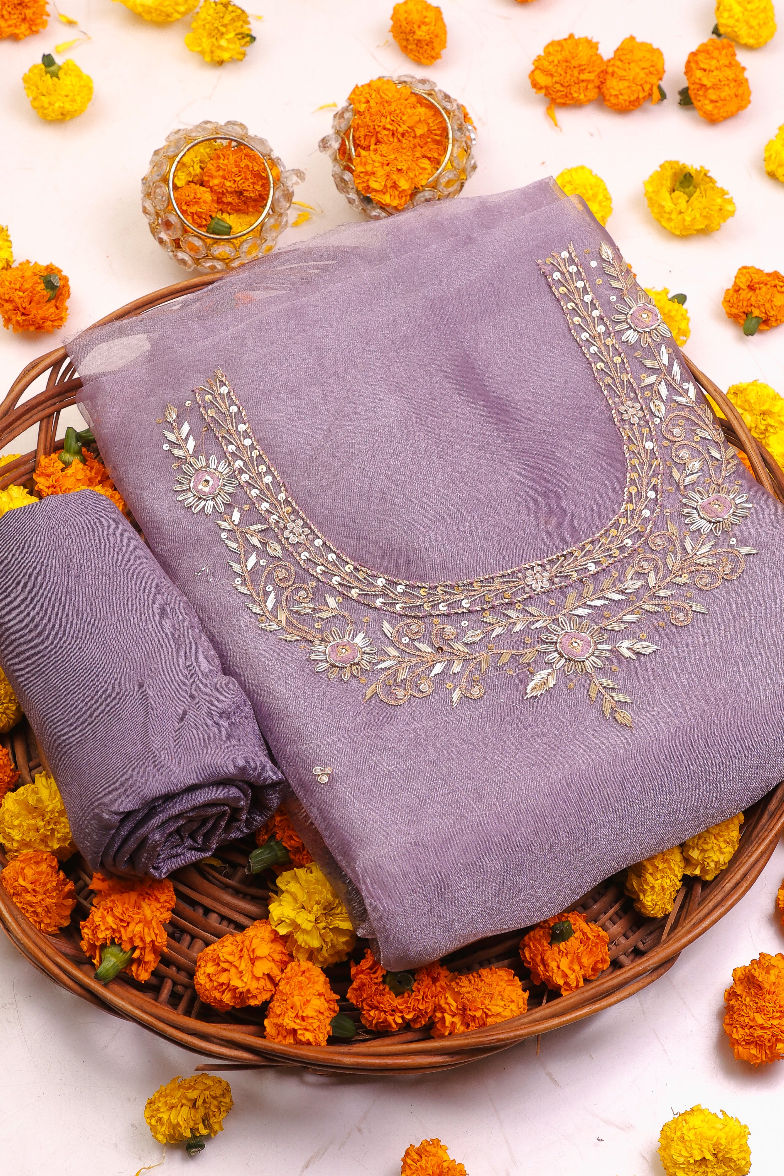 Lavender Unstitch Suit with Handcrafted Zardosi and Thread Work