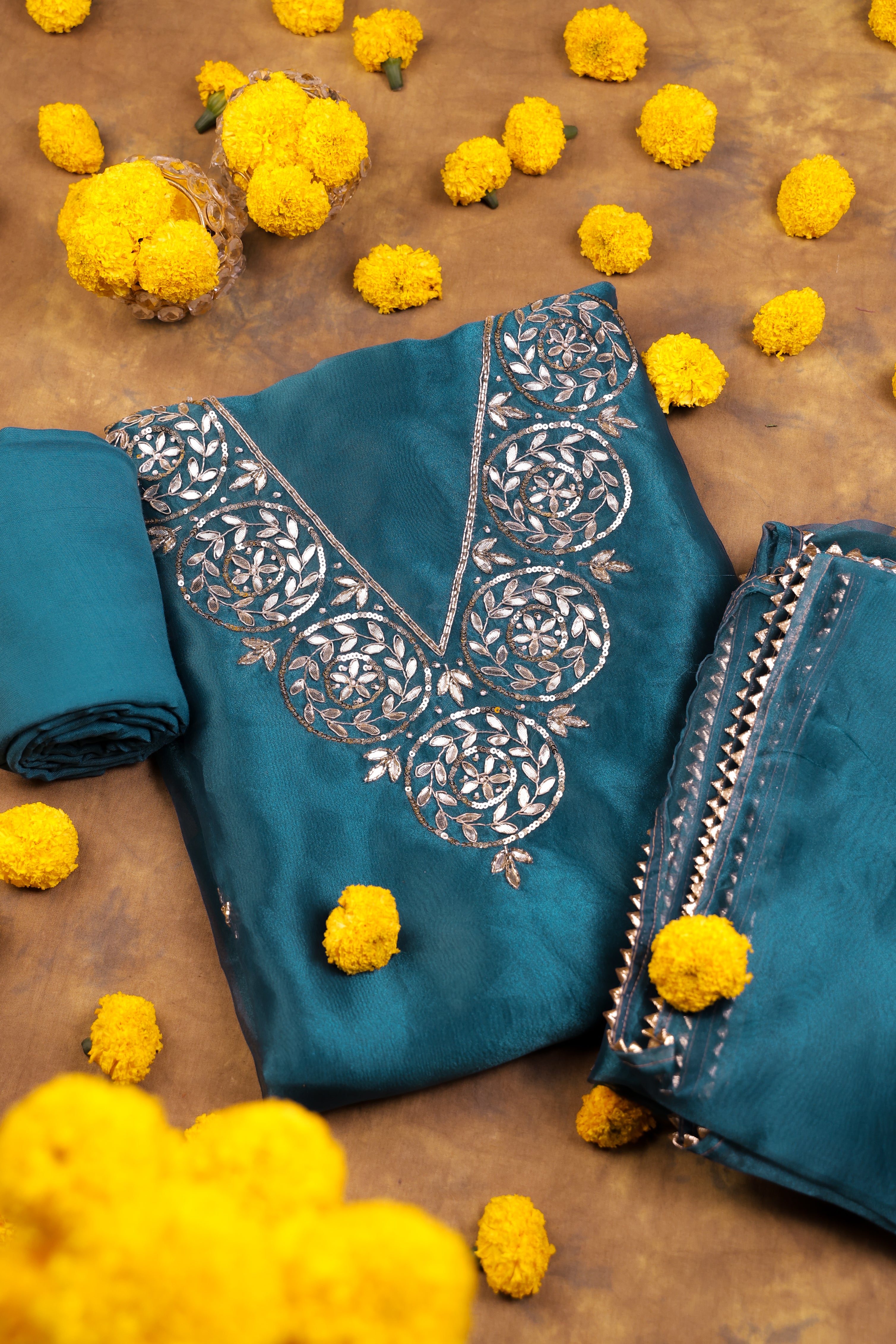 Stormy Teal Unstitch Suit with V-Neck Gota Patti Work and Lace Dupatta