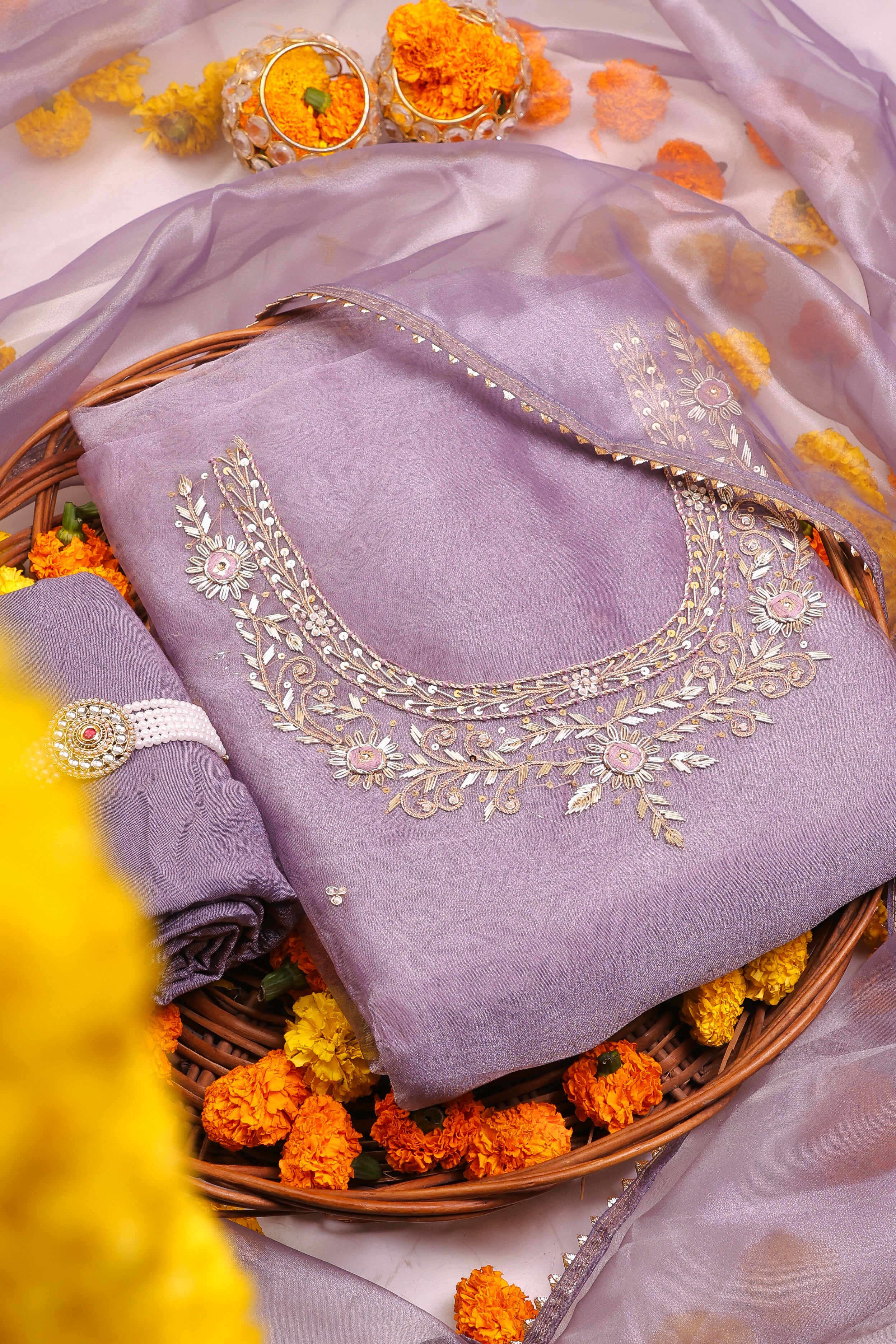 Lavender Unstitch Suit with Handcrafted Zardosi and Thread Work