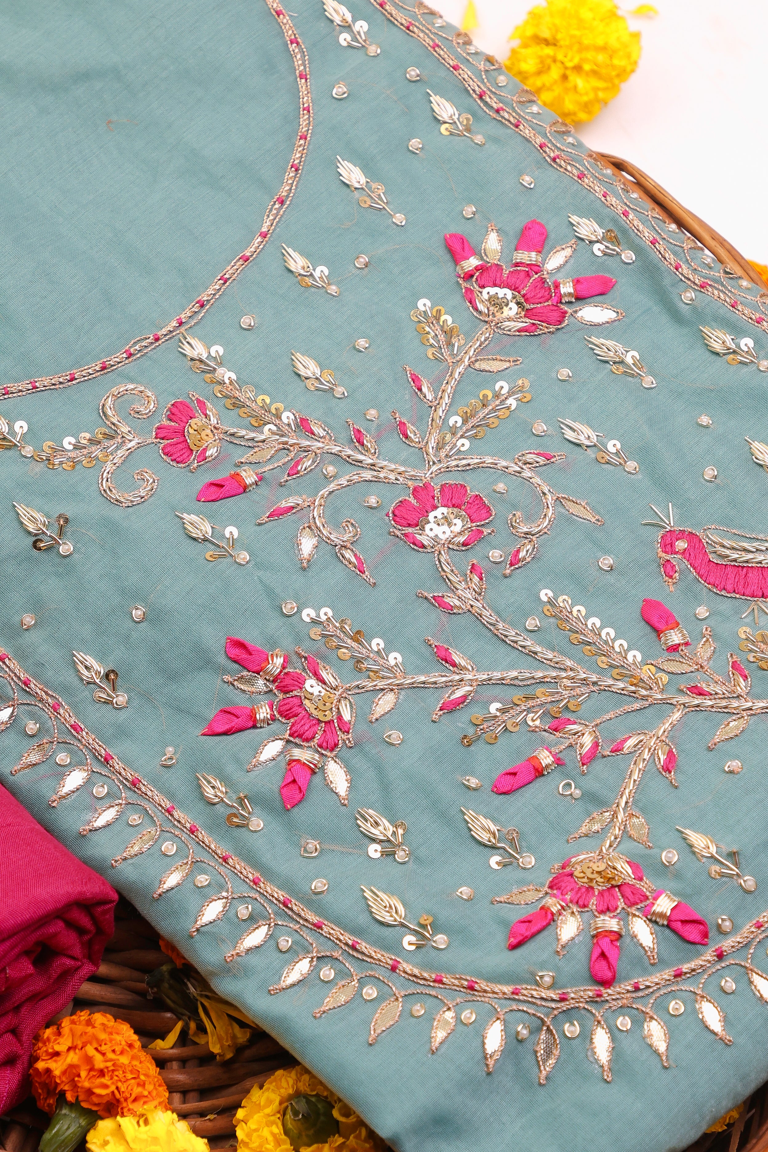 Castleton Green Unstitch Suit with Handcrafted Heavy Zardozi and Rani Thread Peacock Work