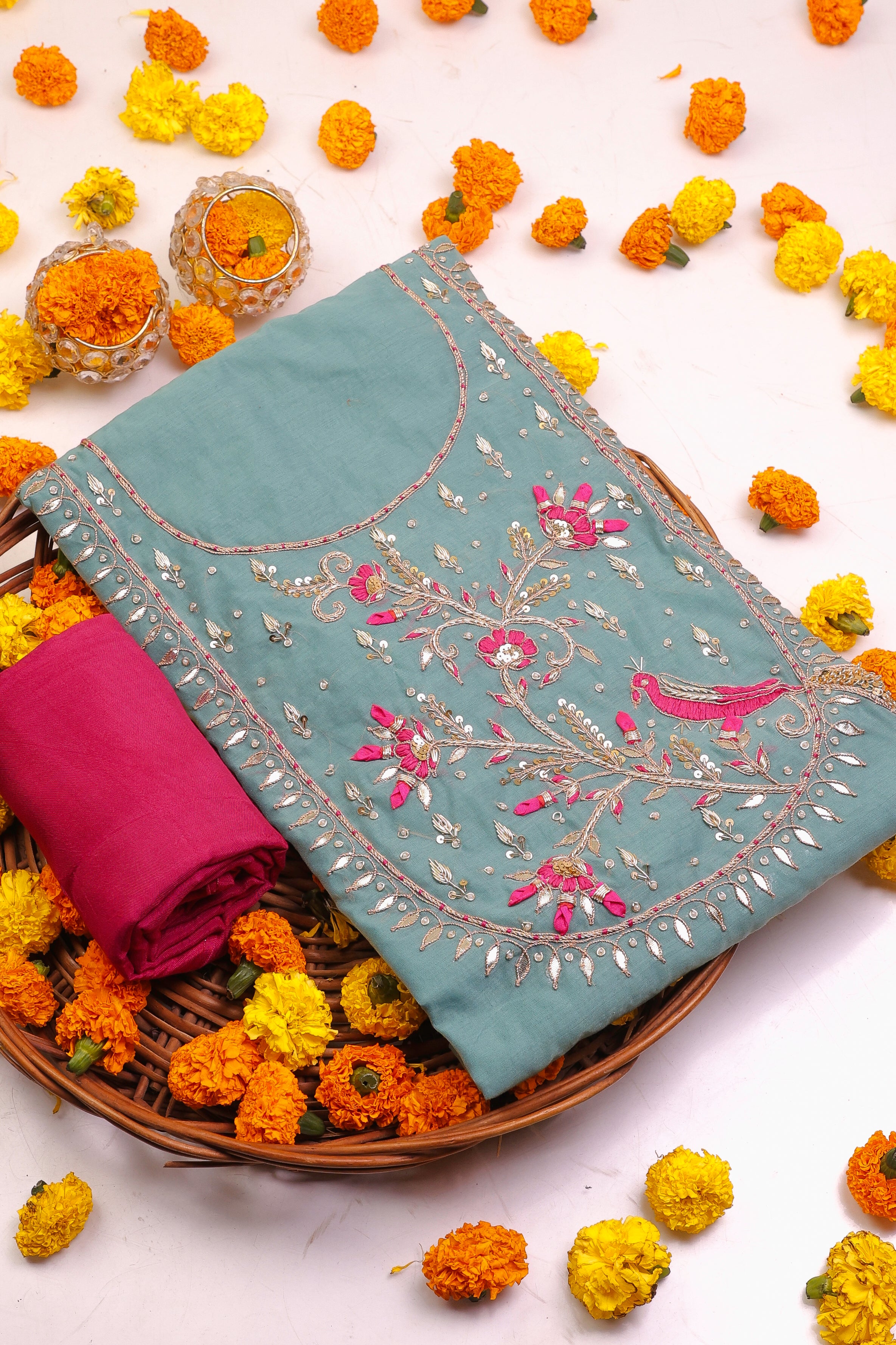 Castleton Green Unstitch Suit with Handcrafted Heavy Zardozi and Rani Thread Peacock Work