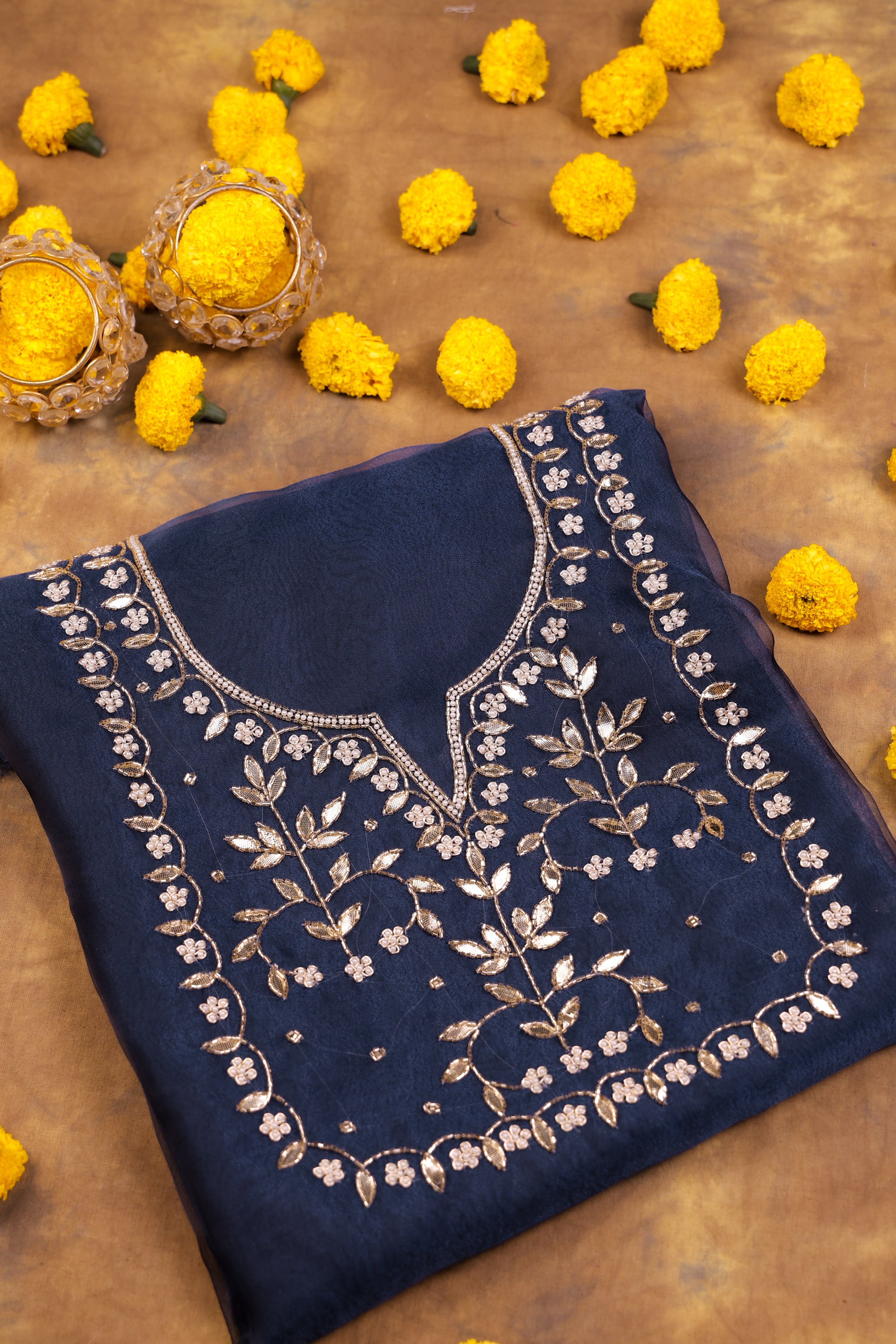 Deep Smoky Blue Unstitch Suit with Handcrafted Heavy Gota Patti and Pearl Work