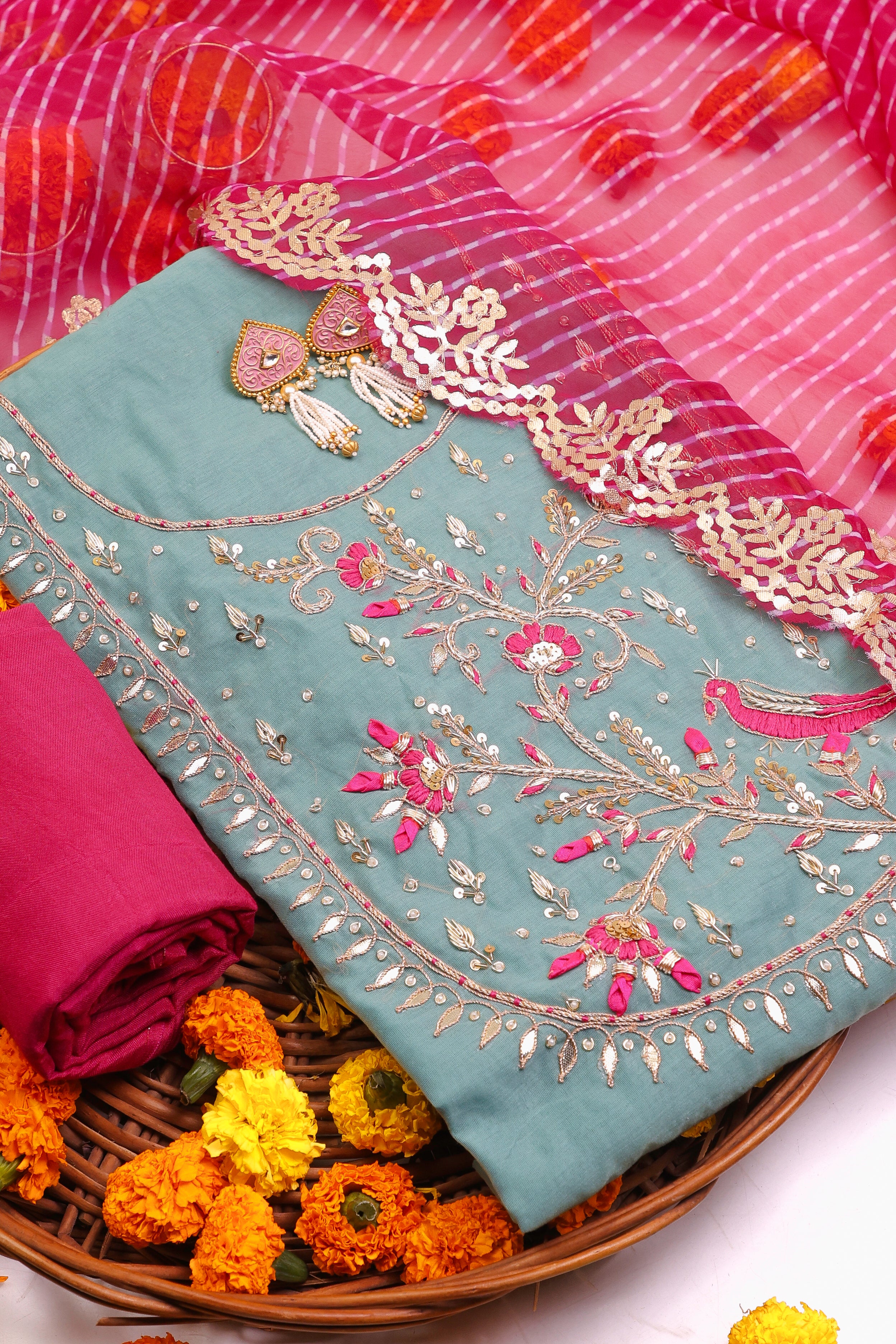 Castleton Green Unstitch Suit with Handcrafted Heavy Zardozi and Rani Thread Peacock Work