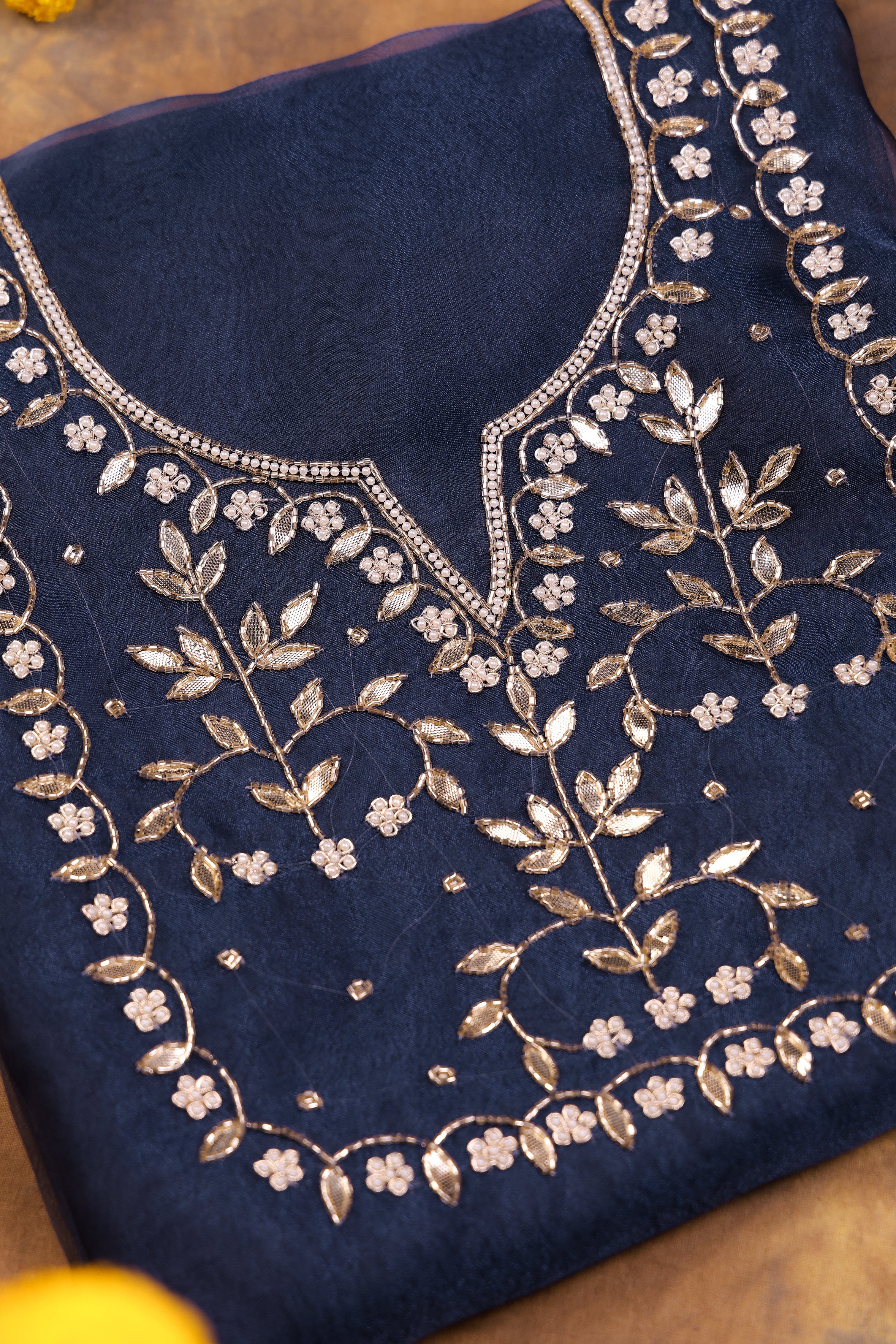 Deep Smoky Blue Unstitch Suit with Handcrafted Heavy Gota Patti and Pearl Work