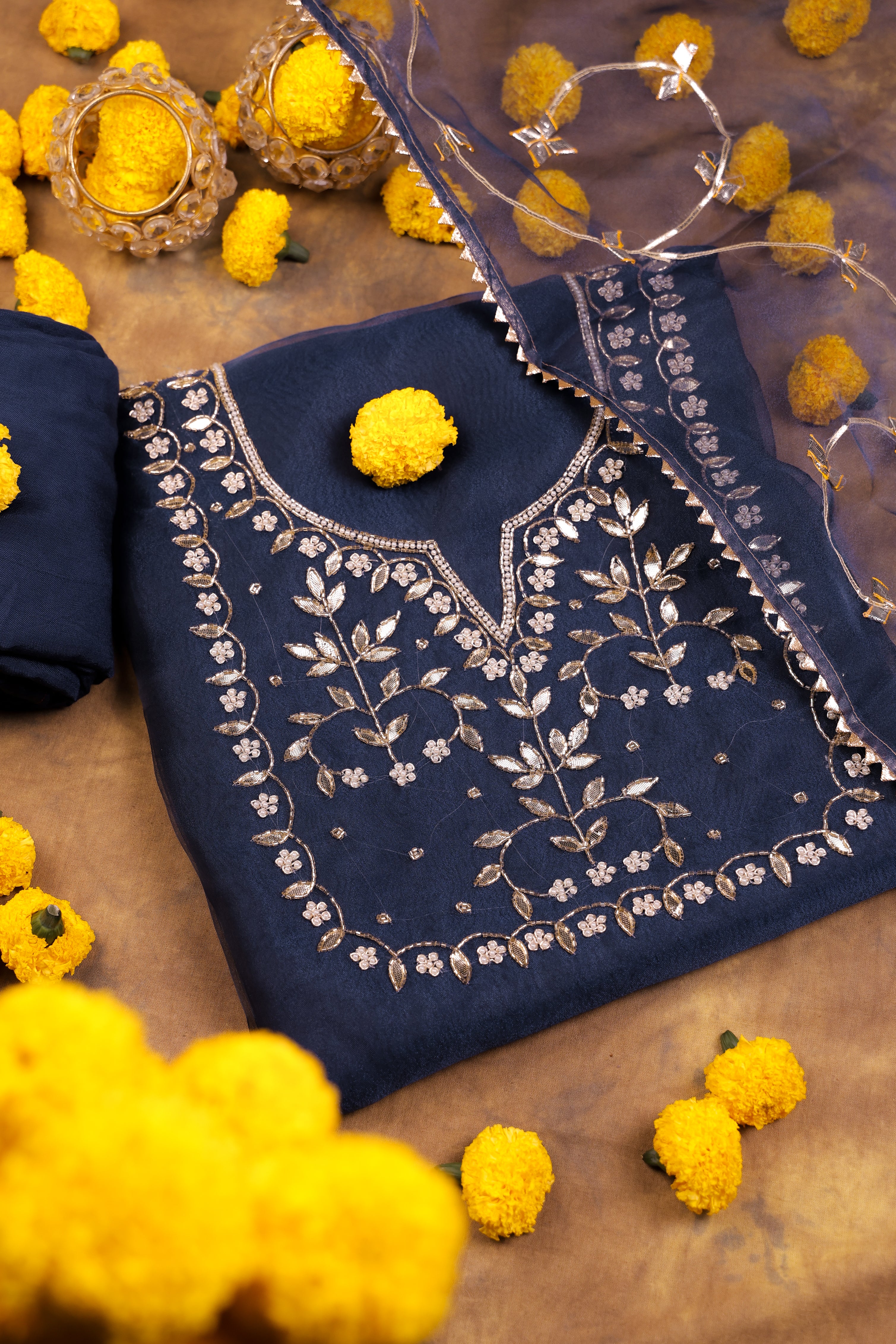 Deep Smoky Blue Unstitch Suit with Handcrafted Heavy Gota Patti and Pearl Work