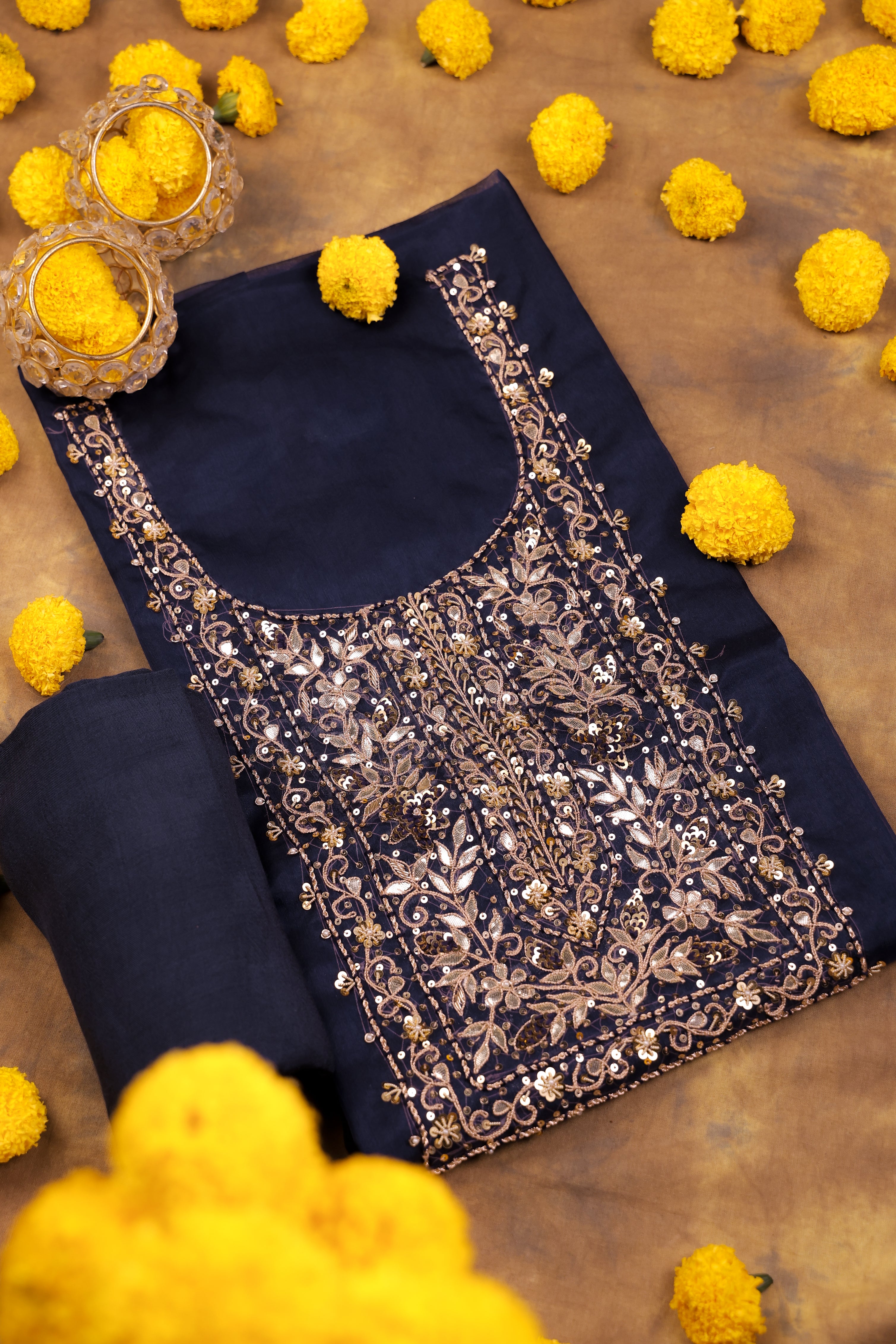 Navy Blue Unstitch Suit with Handcrafted Zardozi and Gota Patti Work