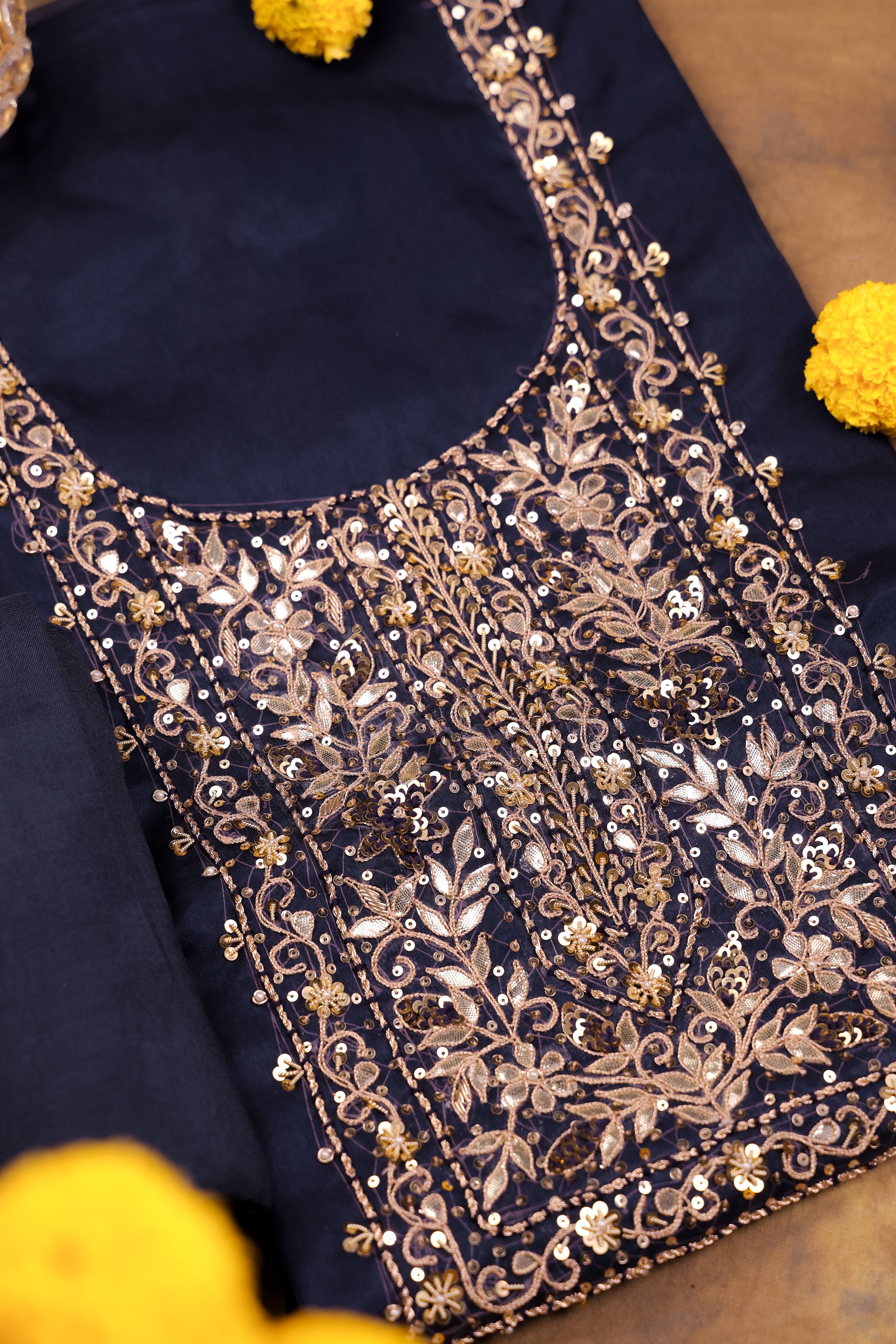 Navy Blue Unstitch Suit with Handcrafted Zardozi and Gota Patti Work