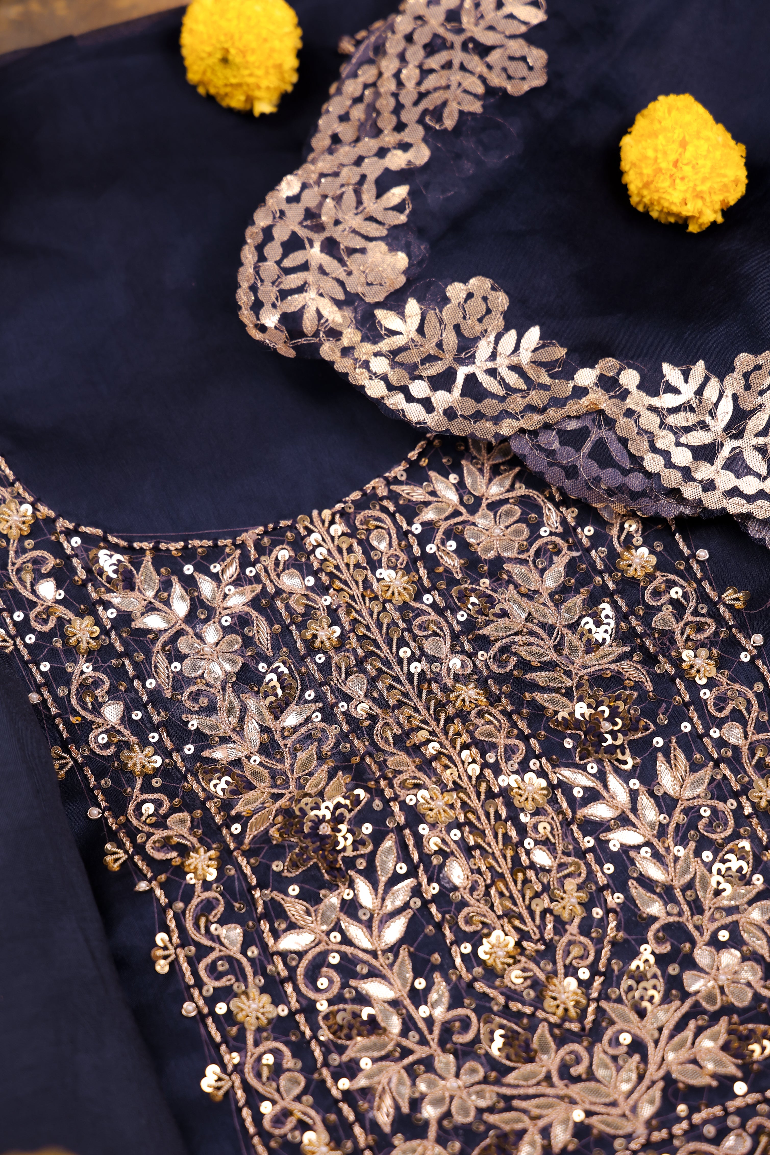 Navy Blue Unstitch Suit with Handcrafted Zardozi and Gota Patti Work