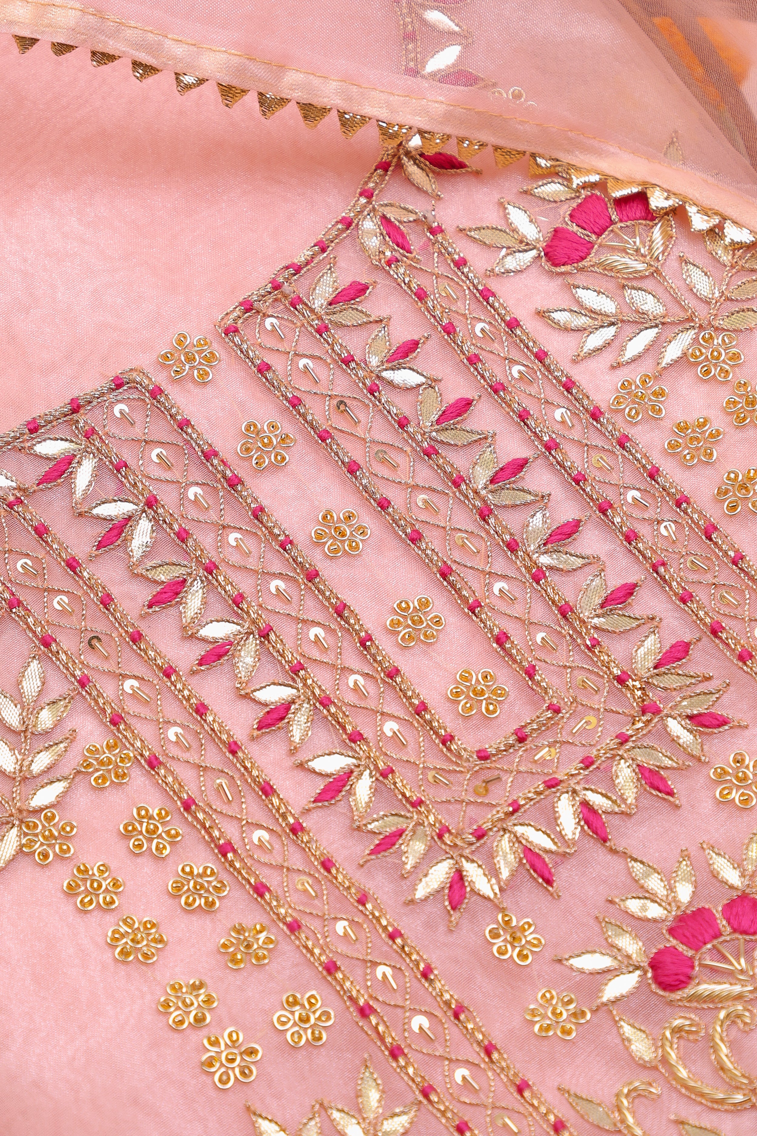 Peach Unstitch Suit with Handcrafted Heavy Gota Patti and Rani Thread Work