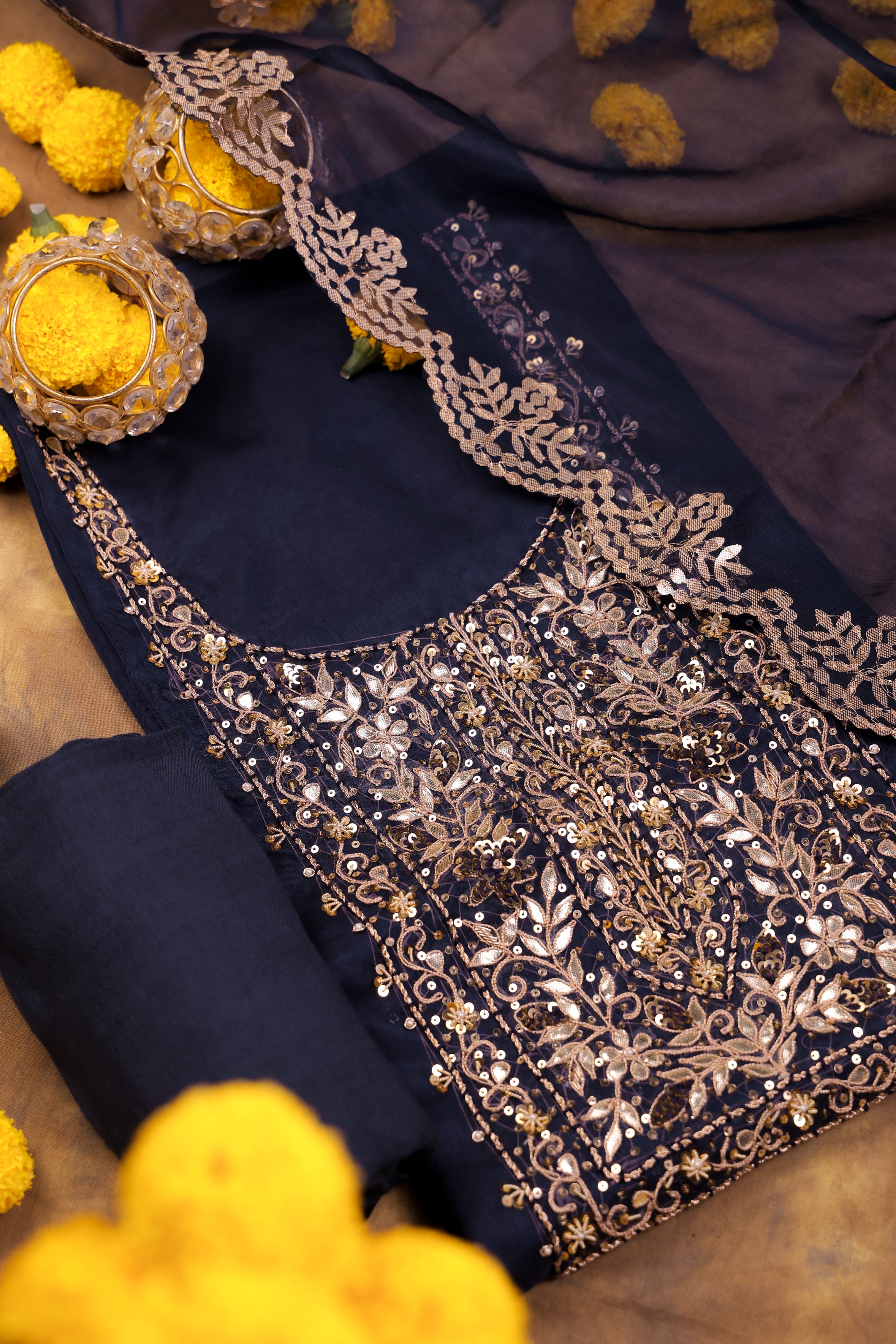 Navy Blue Unstitch Suit with Handcrafted Zardozi and Gota Patti Work