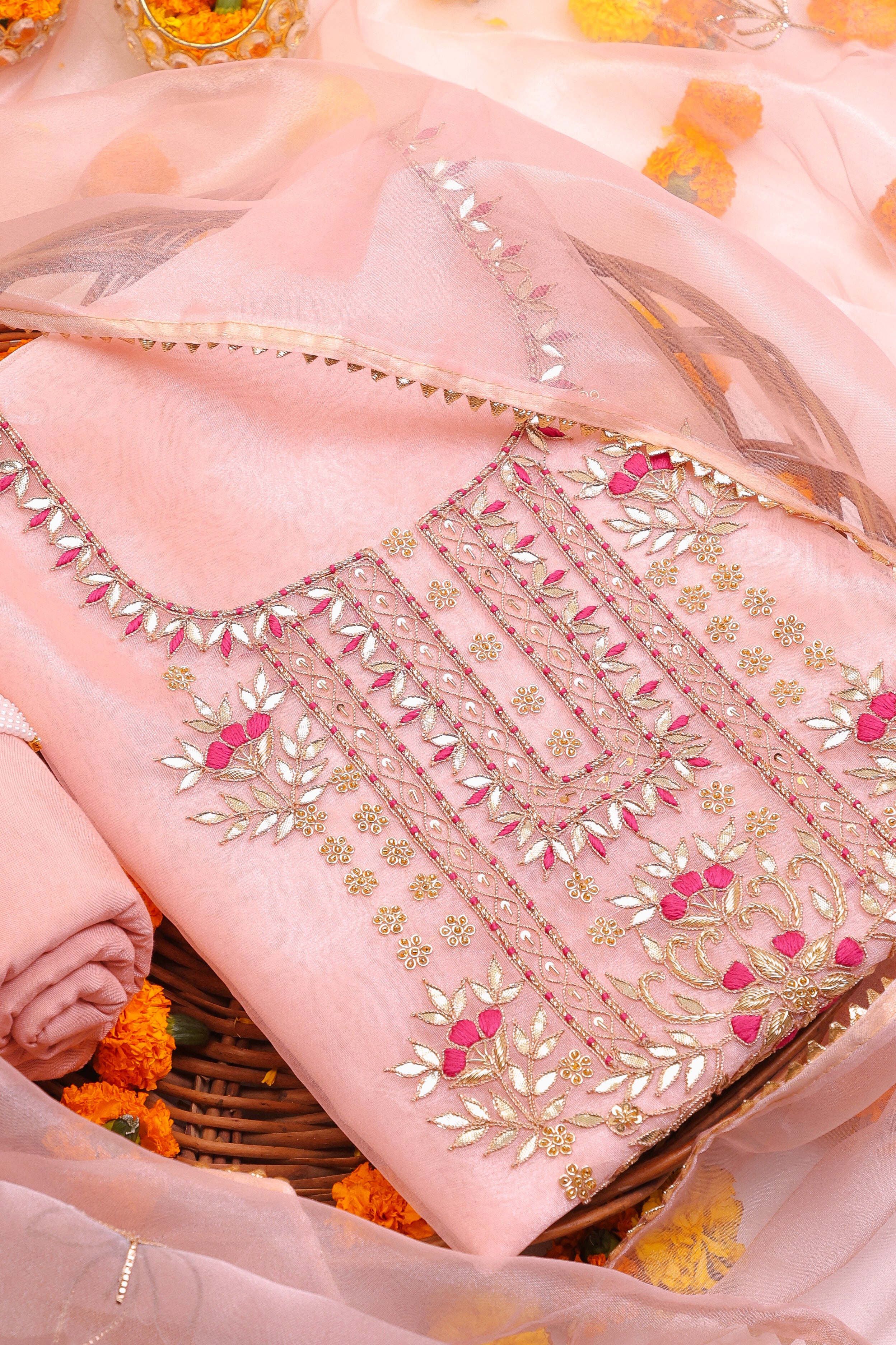 Peach Unstitch Suit with Handcrafted Heavy Gota Patti and Rani Thread Work