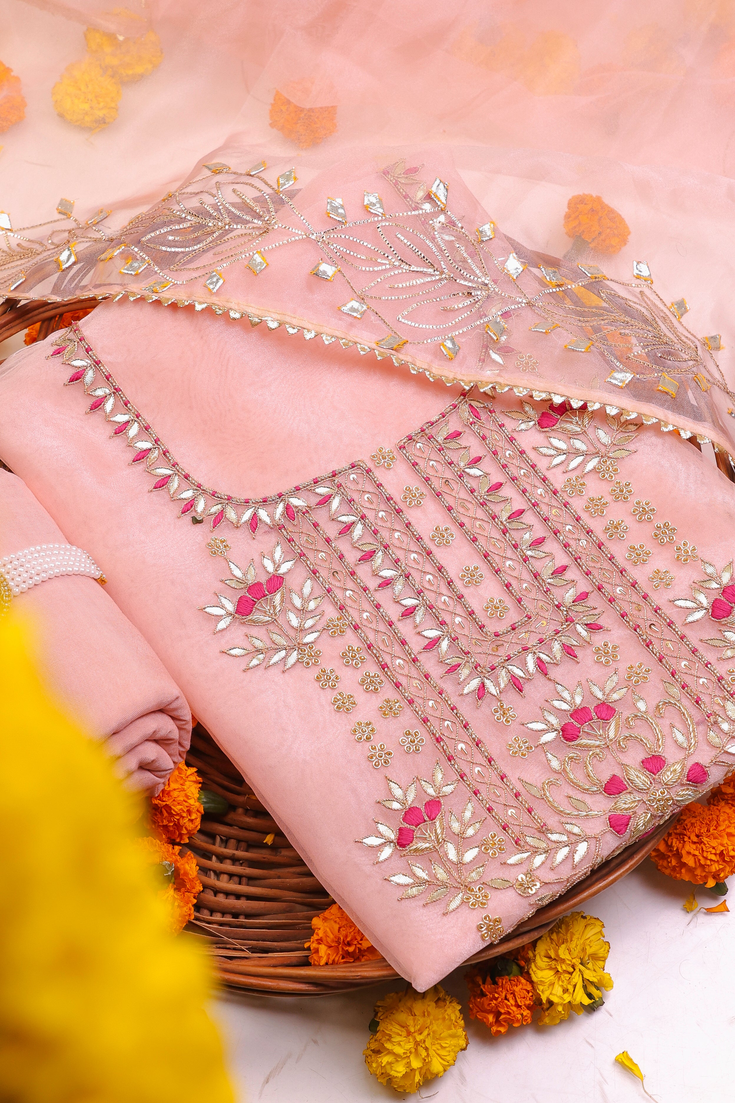 Peach Unstitch Suit with Handcrafted Heavy Gota Patti and Rani Thread Work