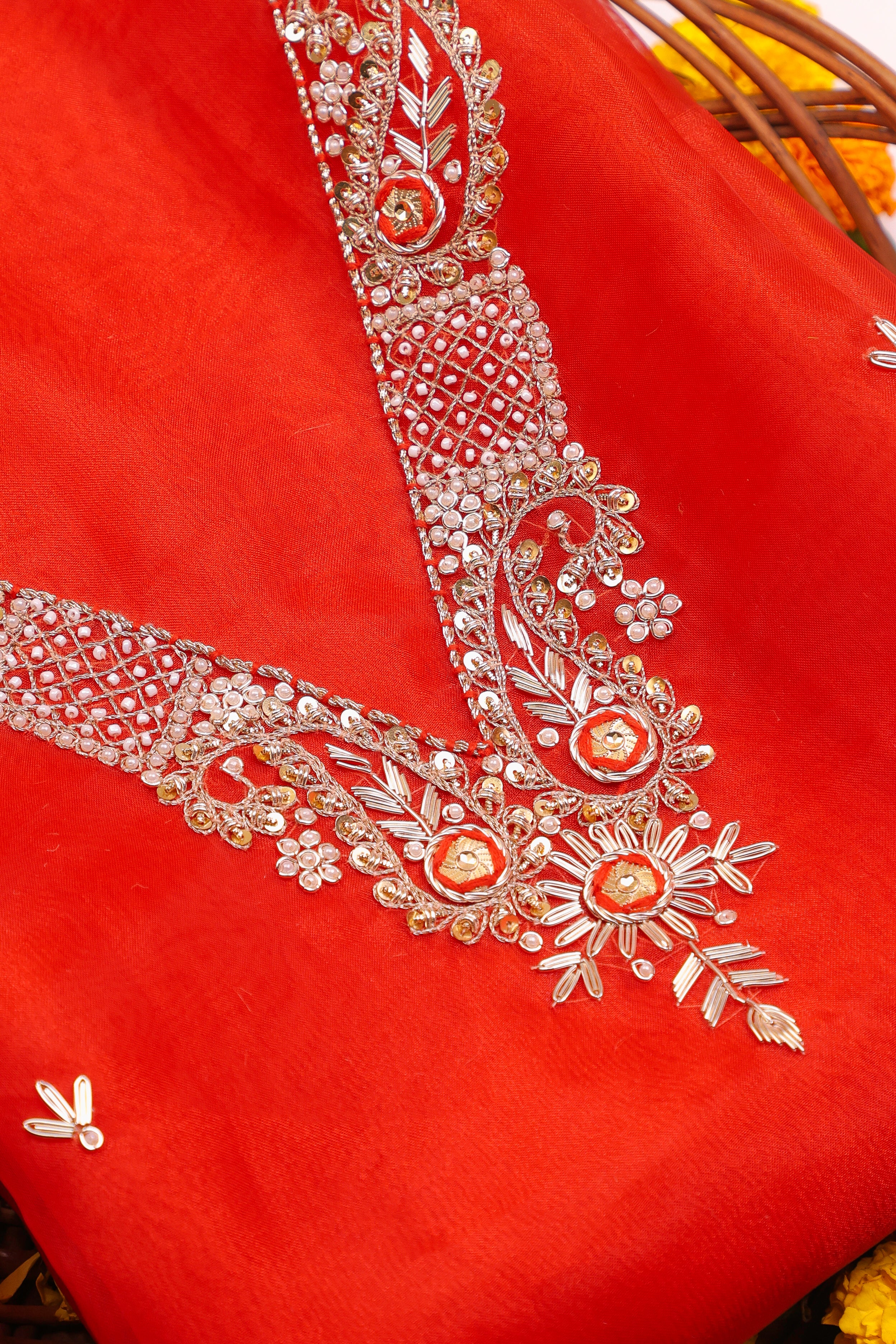 Crimson Red Unstitch Suit with V-Neck Handcrafted Zardozi and Patra Gota Patti Work