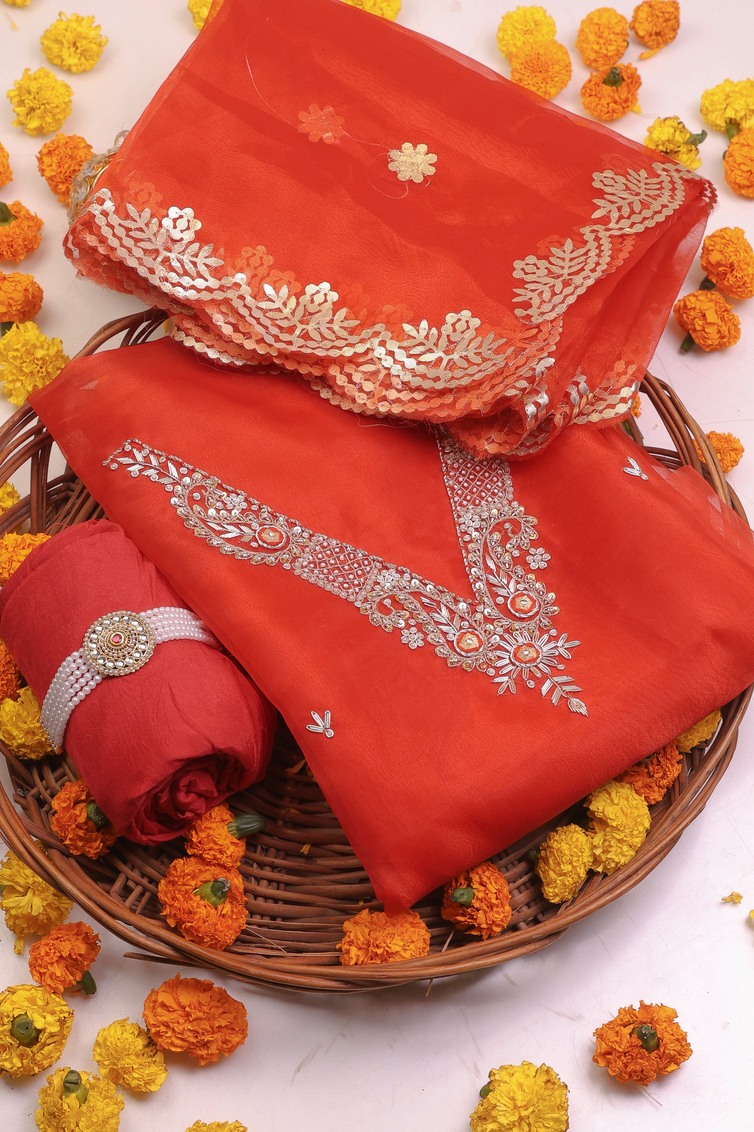 Crimson Red Unstitch Suit with V-Neck Handcrafted Zardozi and Patra Gota Patti Work