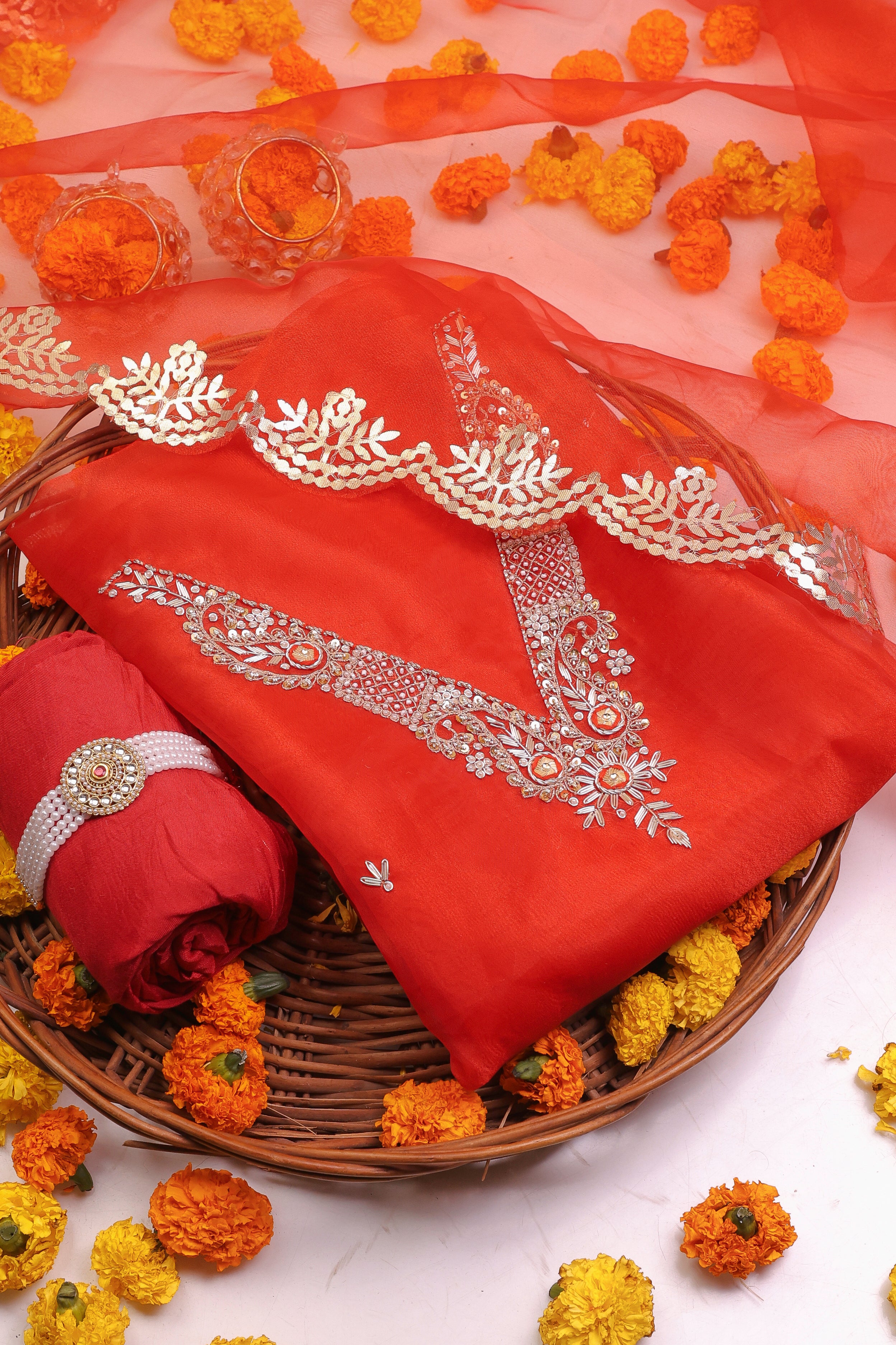 Crimson Red Unstitch Suit with V-Neck Handcrafted Zardozi and Patra Gota Patti Work