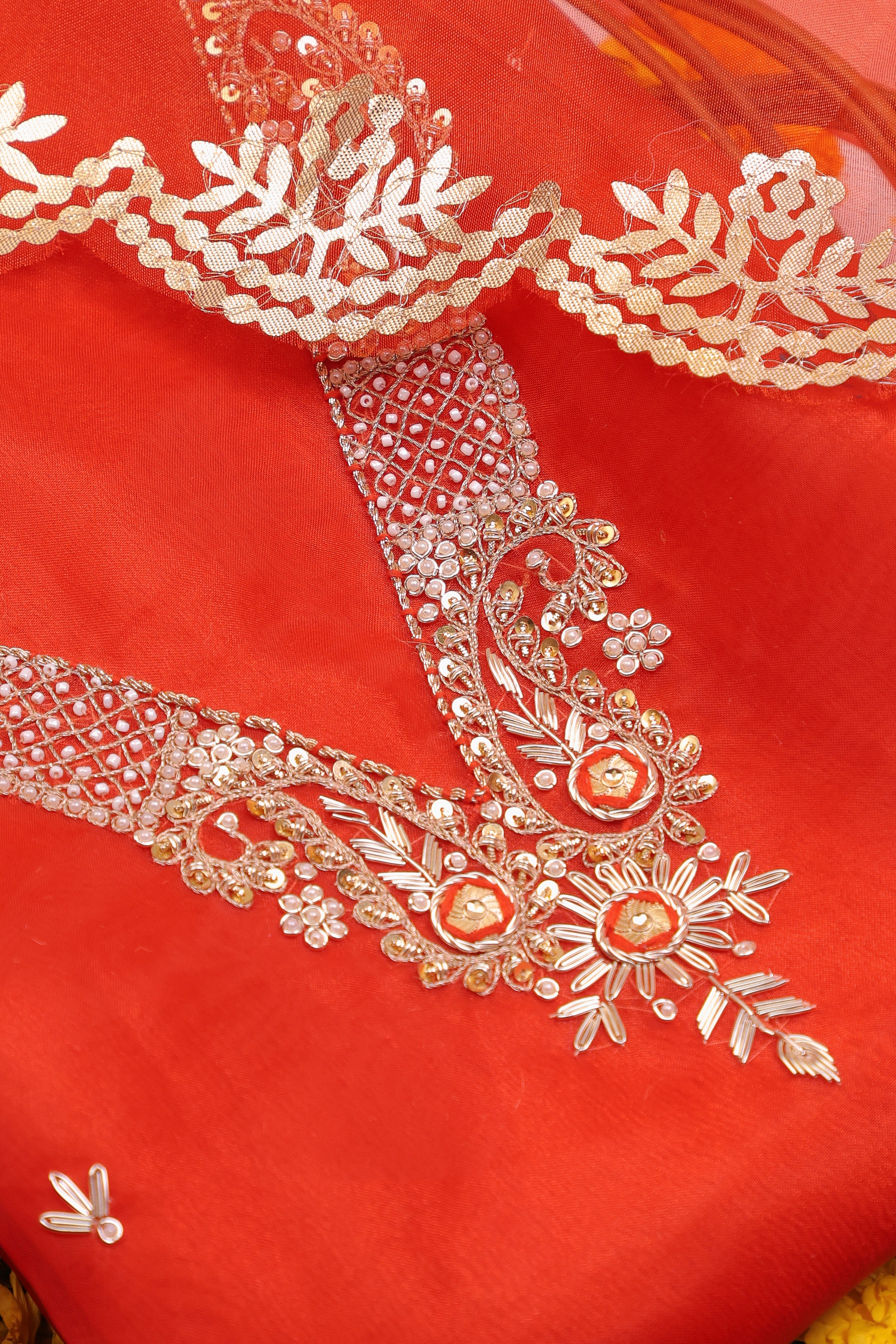 Crimson Red Unstitch Suit with V-Neck Handcrafted Zardozi and Patra Gota Patti Work