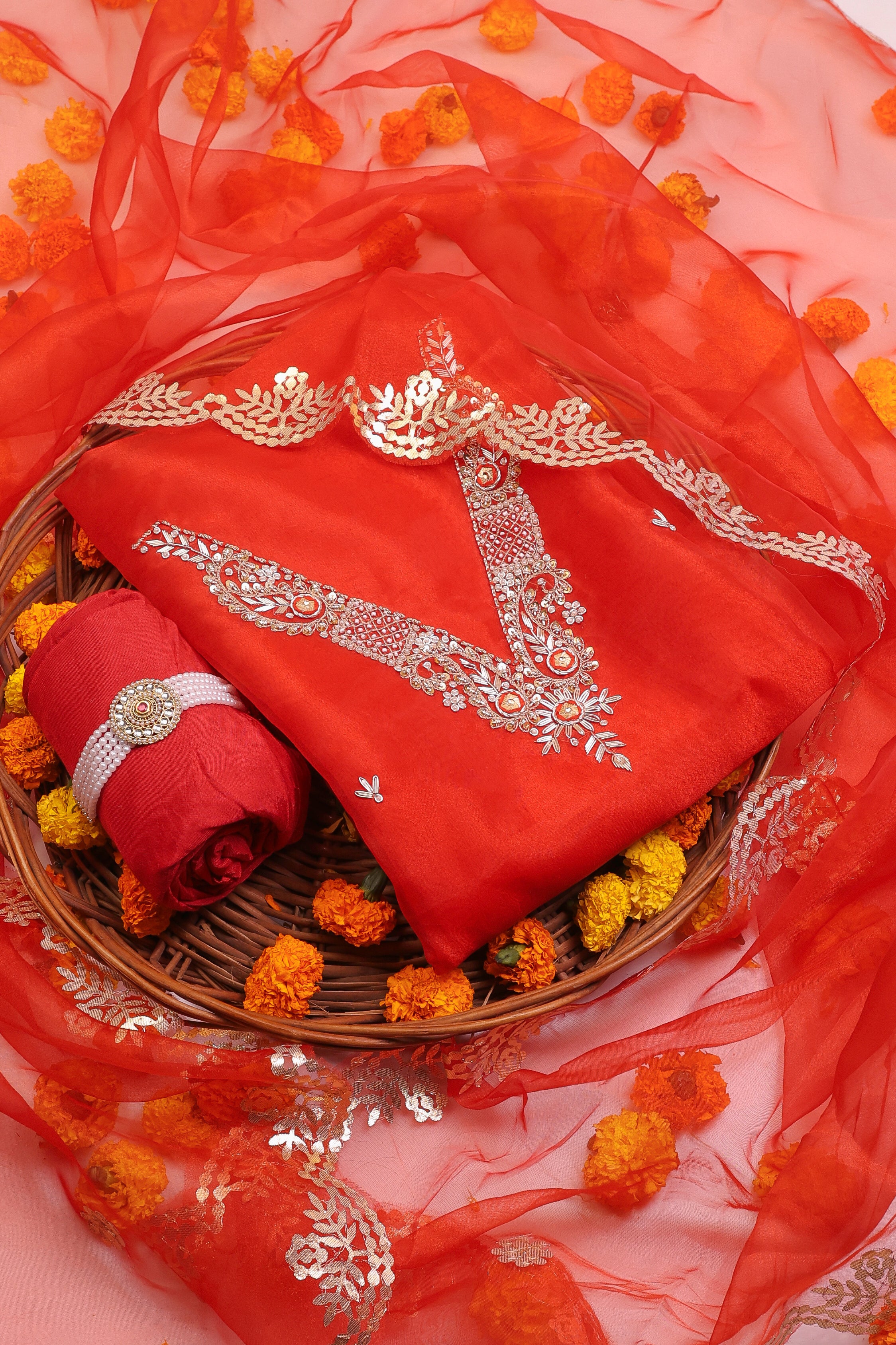 Crimson Red Unstitch Suit with V-Neck Handcrafted Zardozi and Patra Gota Patti Work