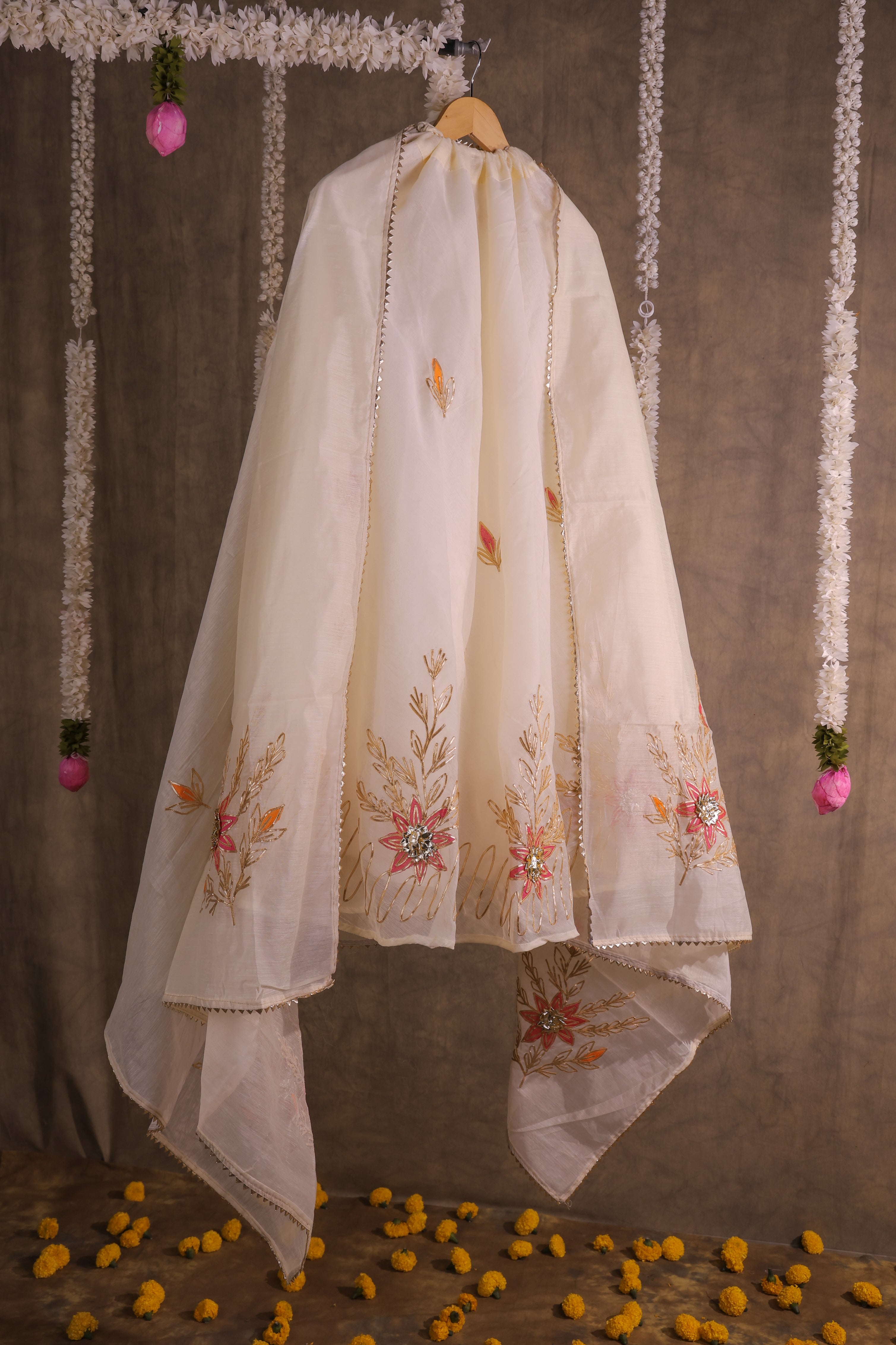 Champagne White Semi-Stitched Lehenga Set