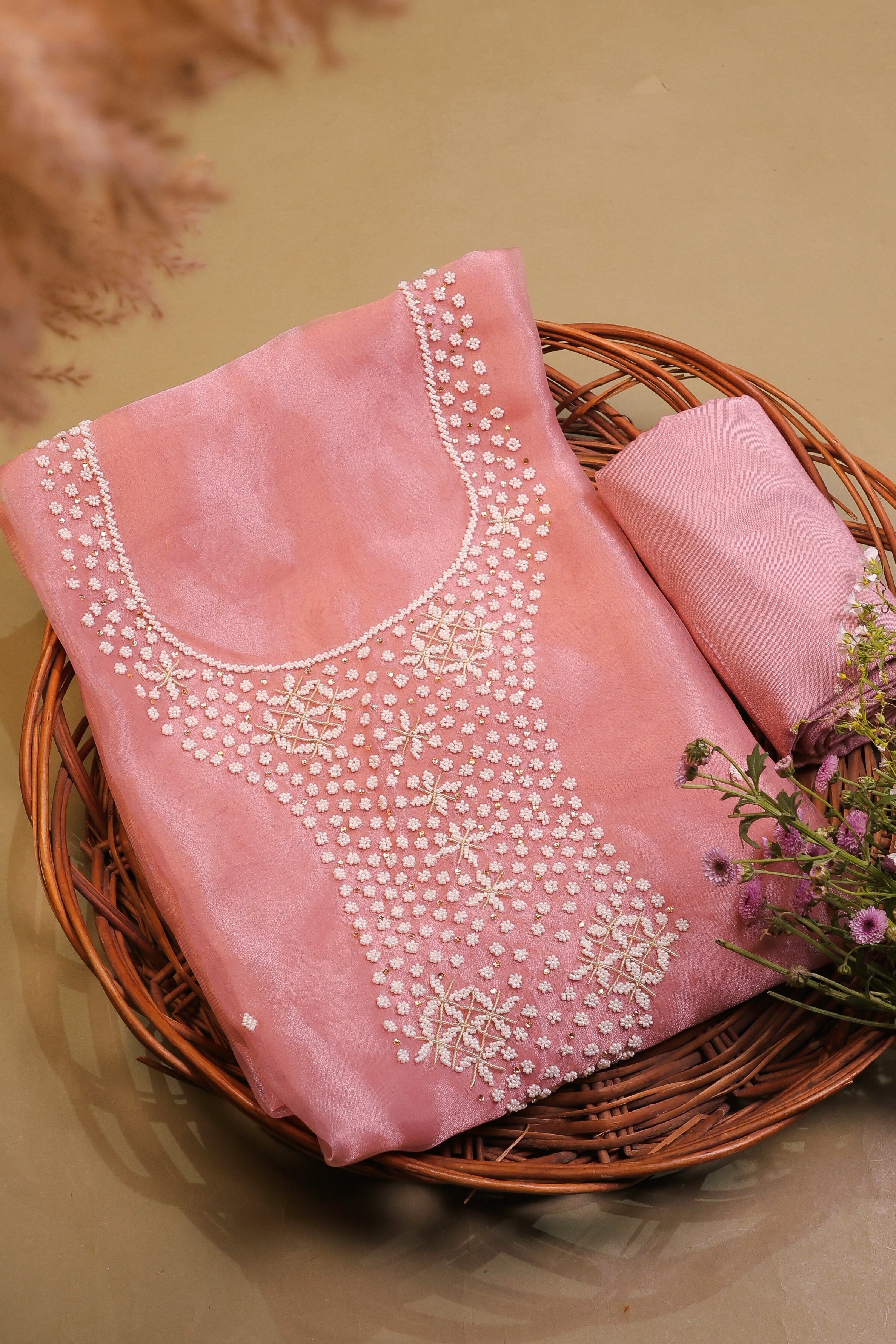 Onion Pink Unstitch Suit with Heavy Handcrafted Pearl Work and Gota Patti Lace Dupatta