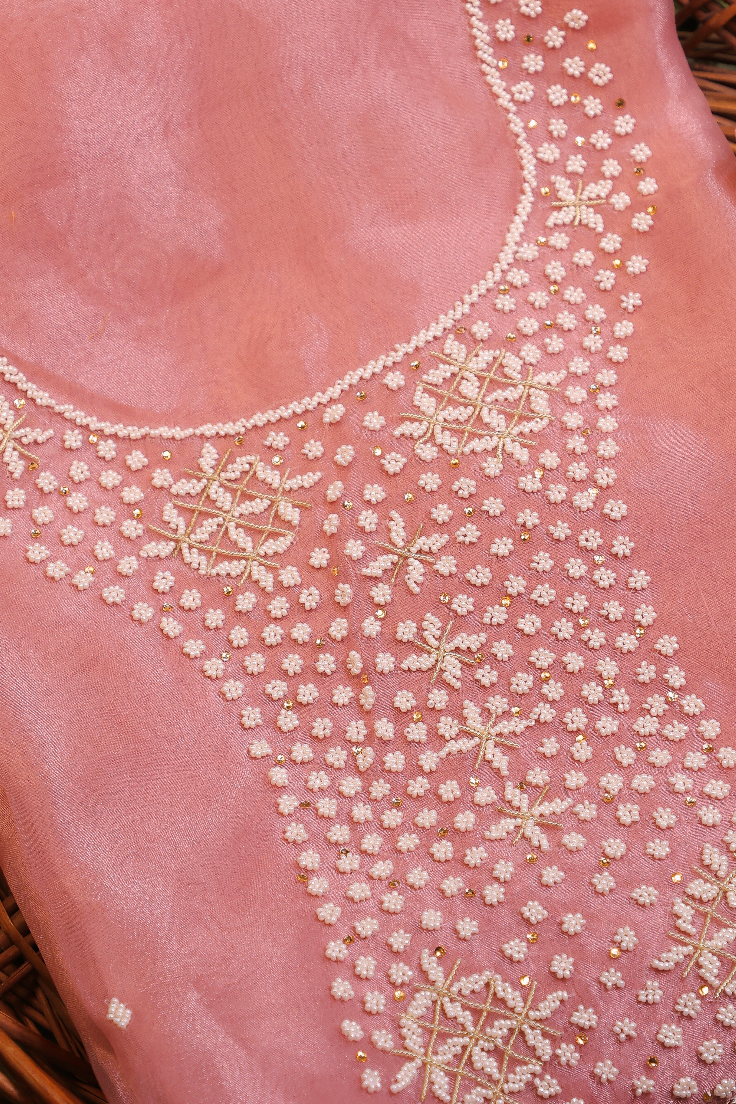 Onion Pink Unstitch Suit with Heavy Handcrafted Pearl Work and Gota Patti Lace Dupatta
