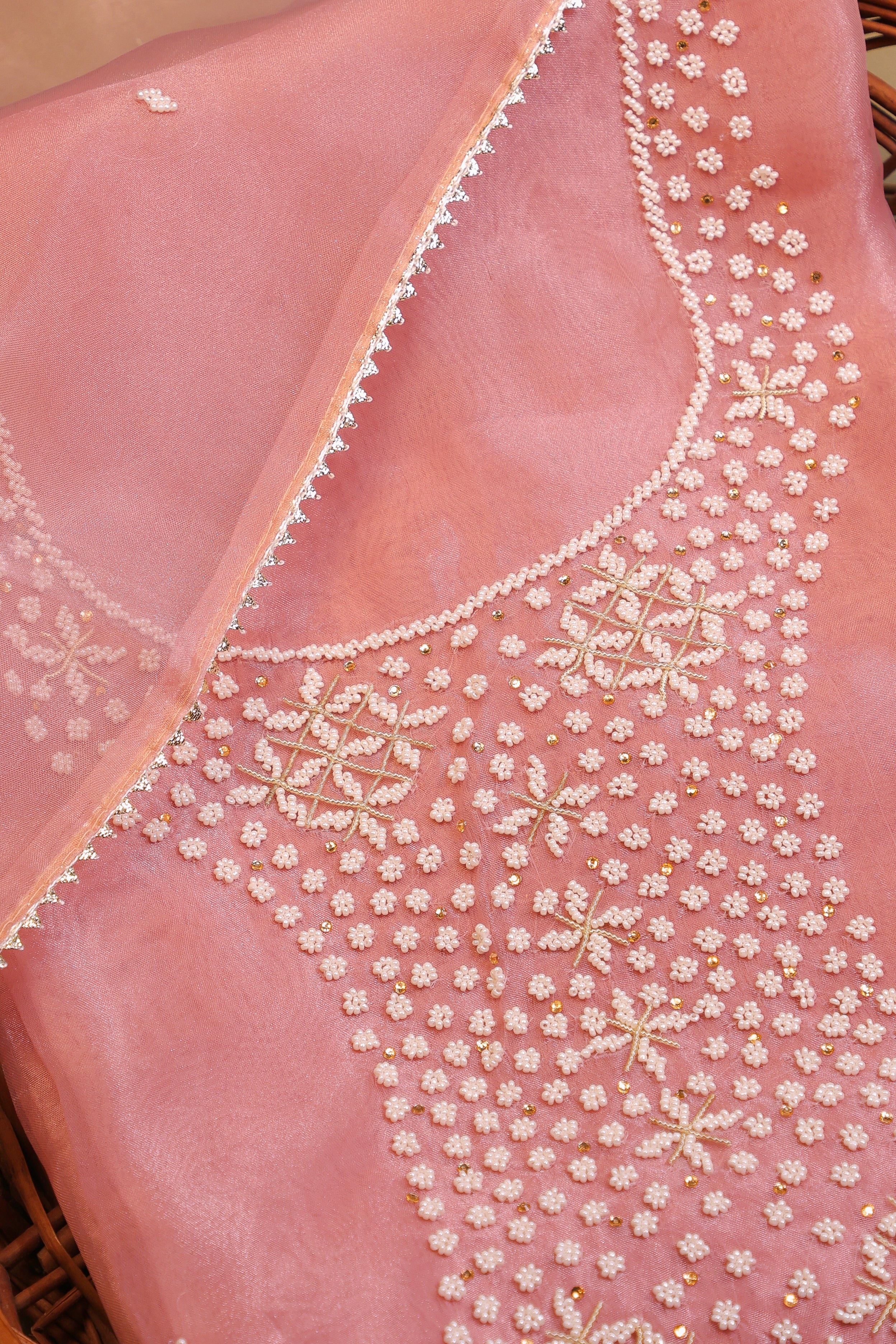 Onion Pink Unstitch Suit with Heavy Handcrafted Pearl Work and Gota Patti Lace Dupatta
