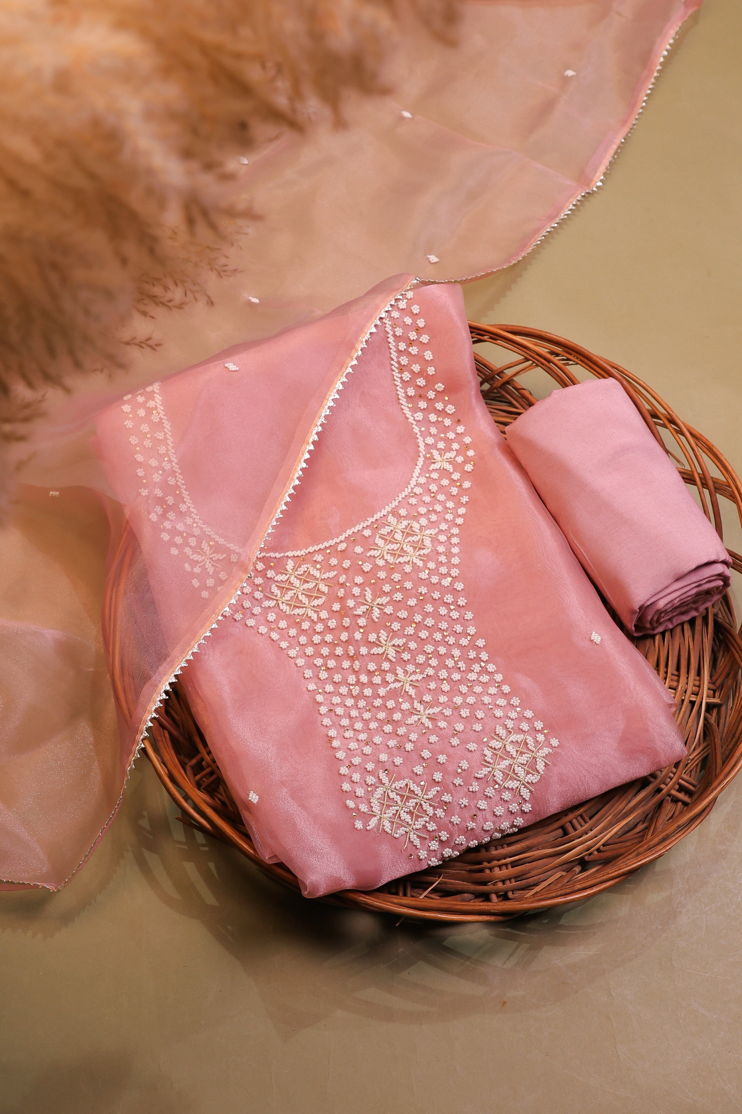 Onion Pink Unstitch Suit with Heavy Handcrafted Pearl Work and Gota Patti Lace Dupatta