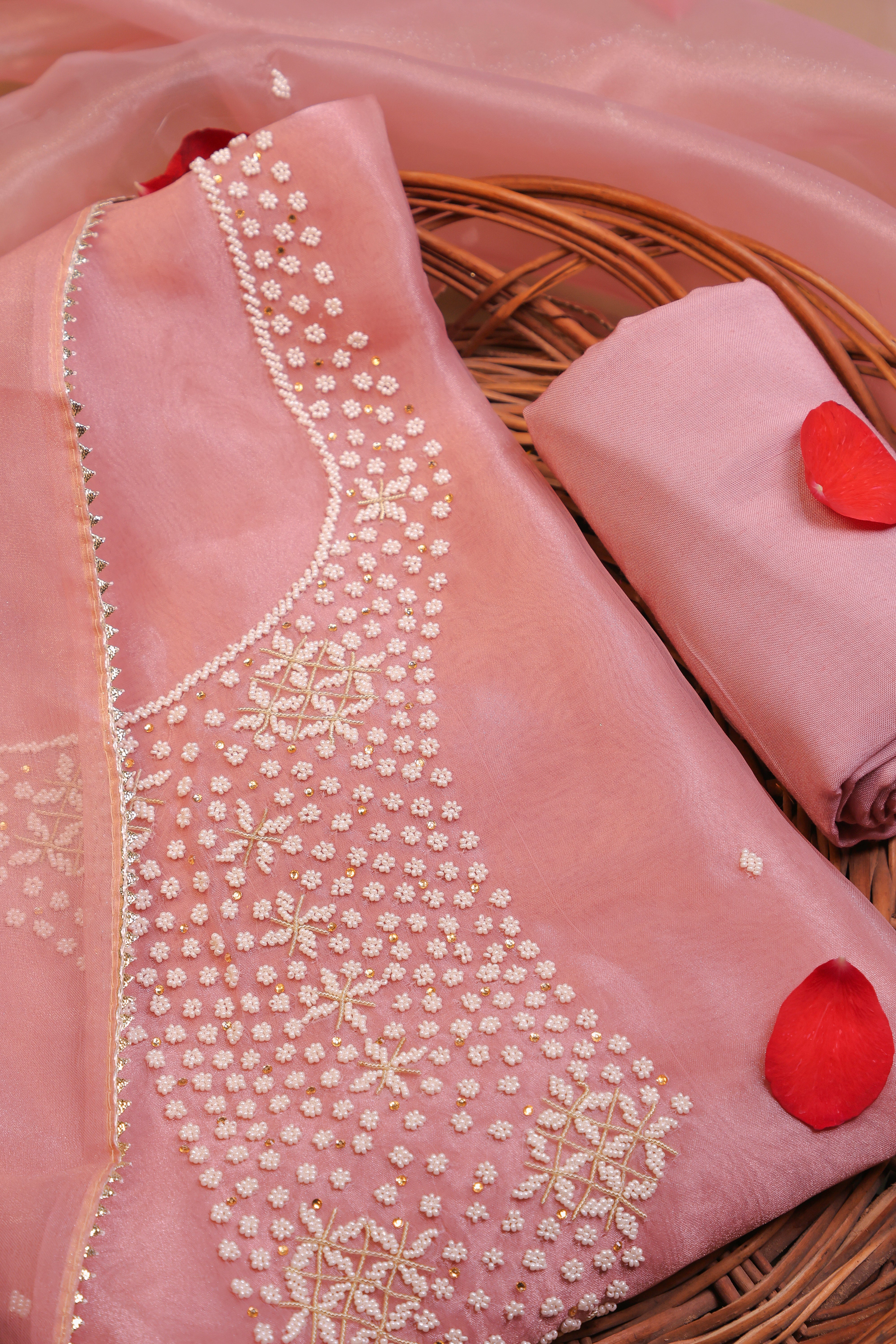 Onion Pink Unstitch Suit with Heavy Handcrafted Pearl Work and Gota Patti Lace Dupatta