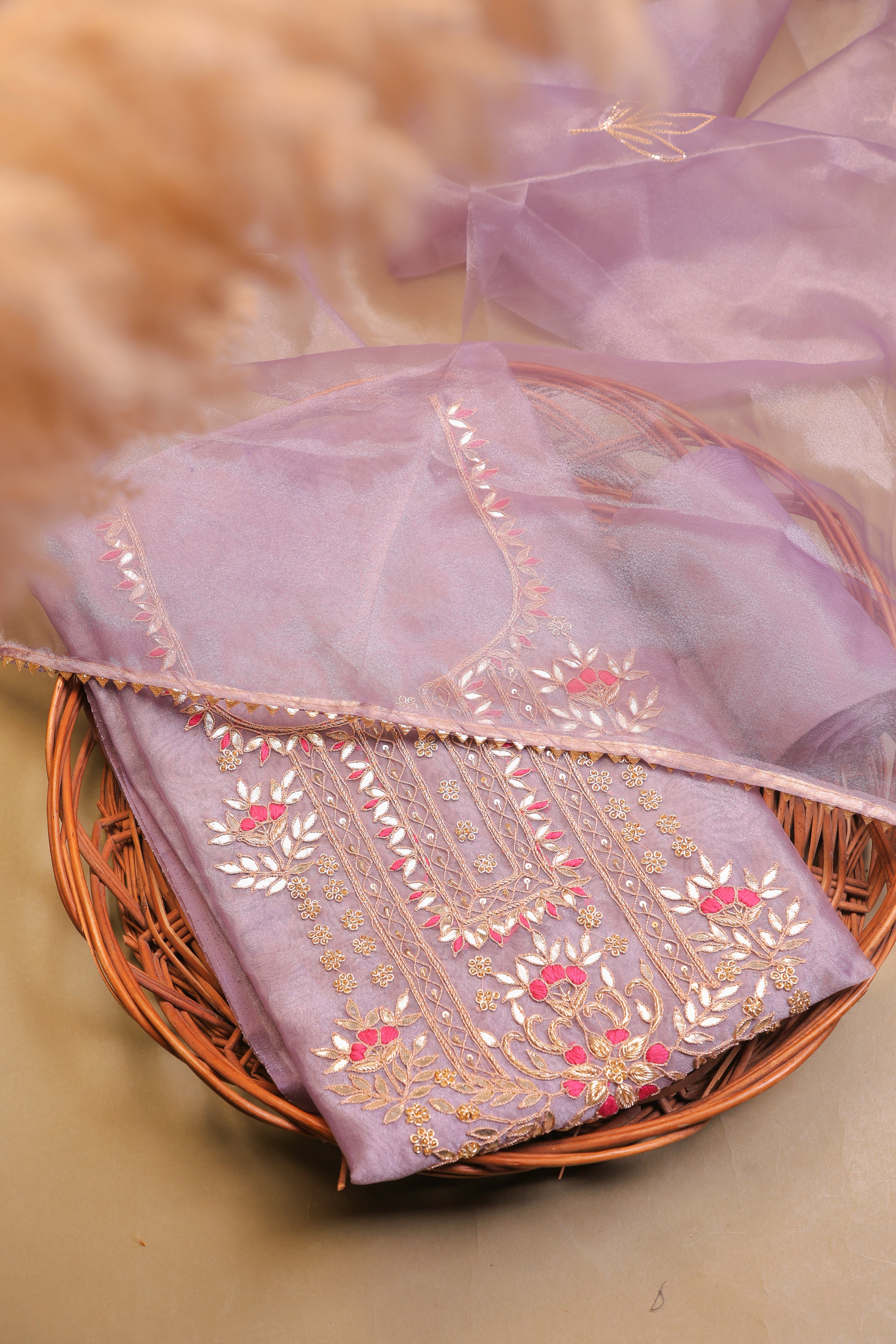 Lavender Unstitch Suit with Heavy Handcrafted Gota Patti and Rani Thread Work