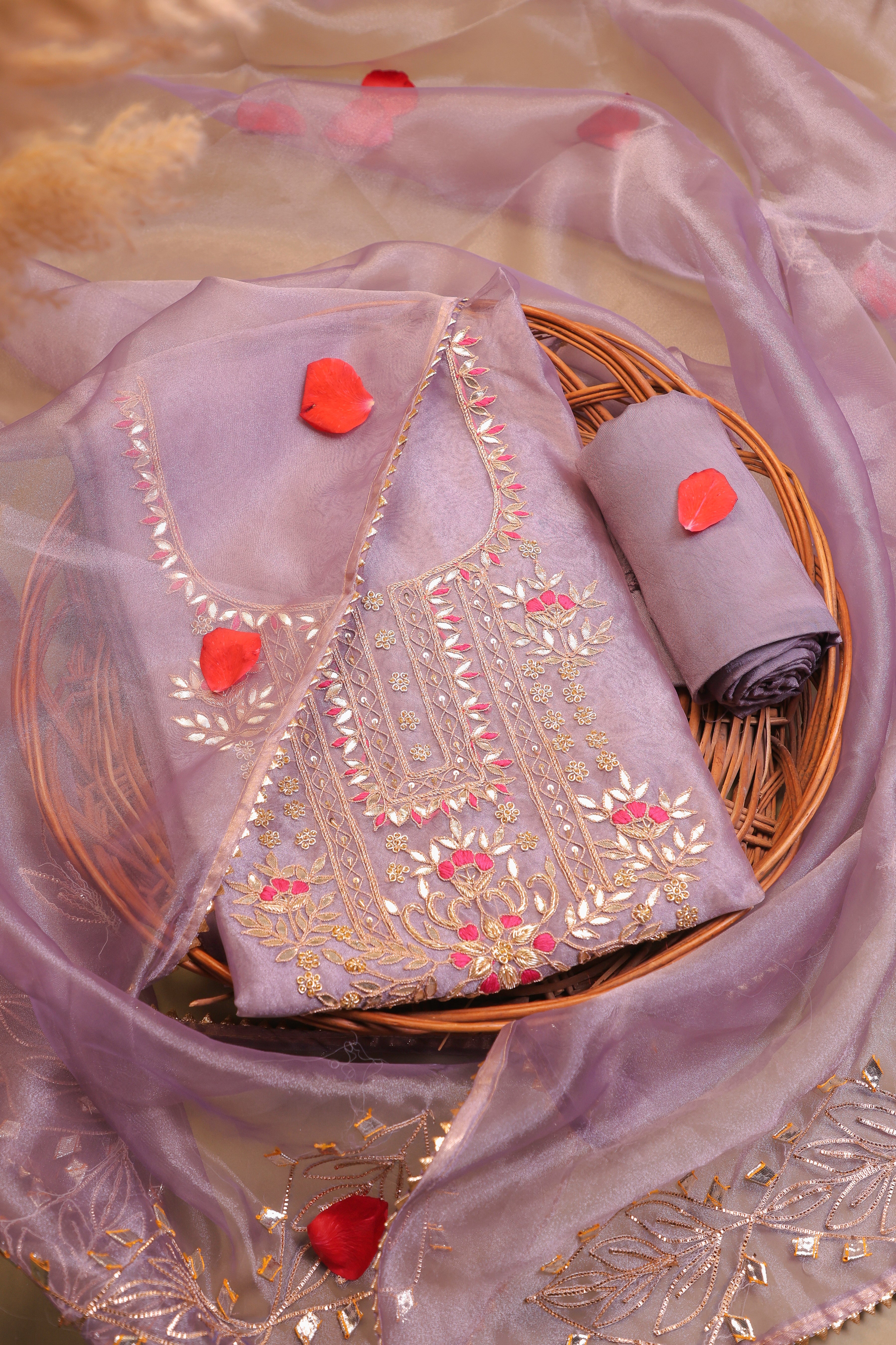 Lavender Unstitch Suit with Heavy Handcrafted Gota Patti and Rani Thread Work