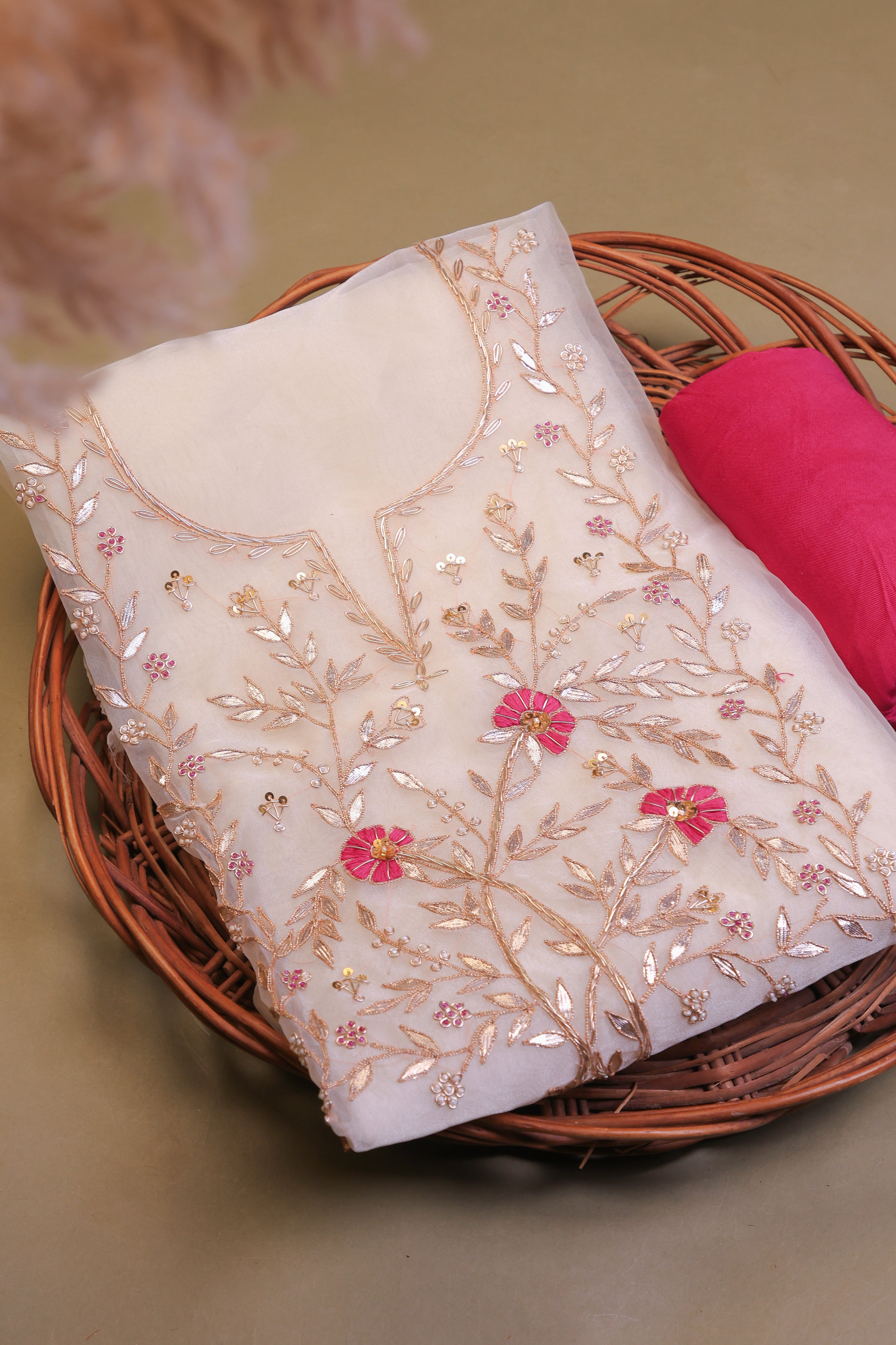 Off White Unstitch Suit with Handcrafted Heavy Gota Patti and Rani Thread Work