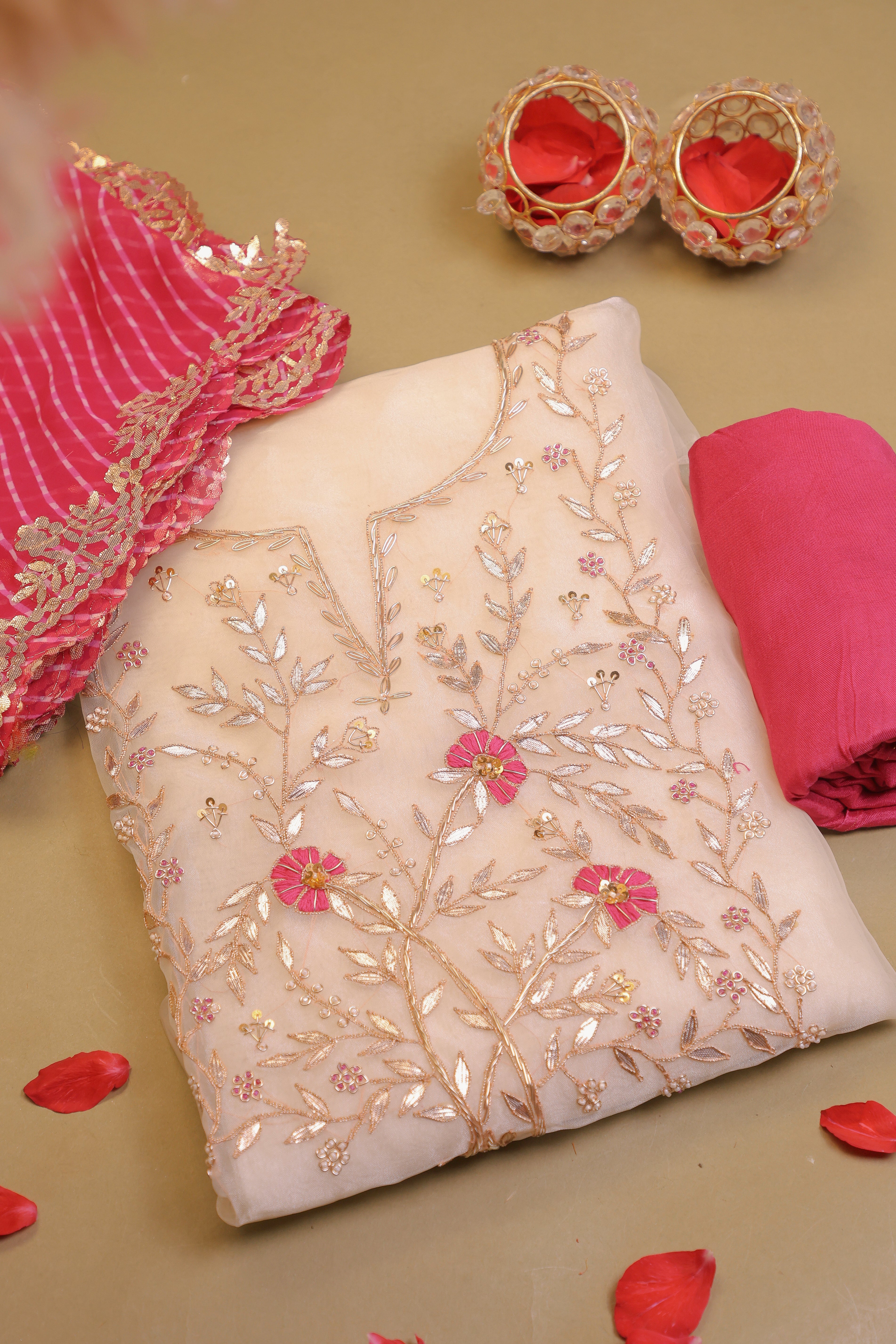 Off White Unstitch Suit with Handcrafted Heavy Gota Patti and Rani Thread Work