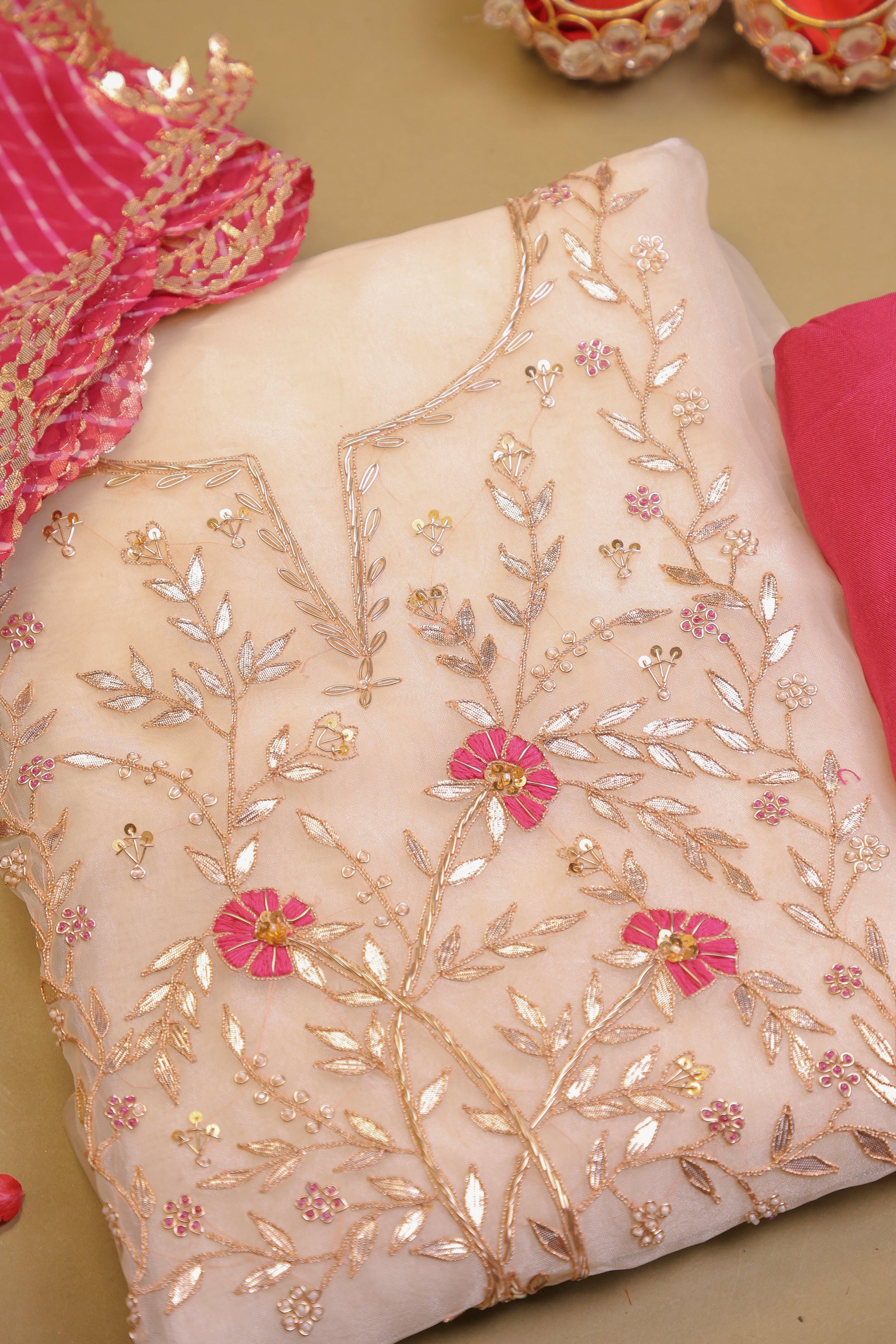 Off White Unstitch Suit with Handcrafted Heavy Gota Patti and Rani Thread Work