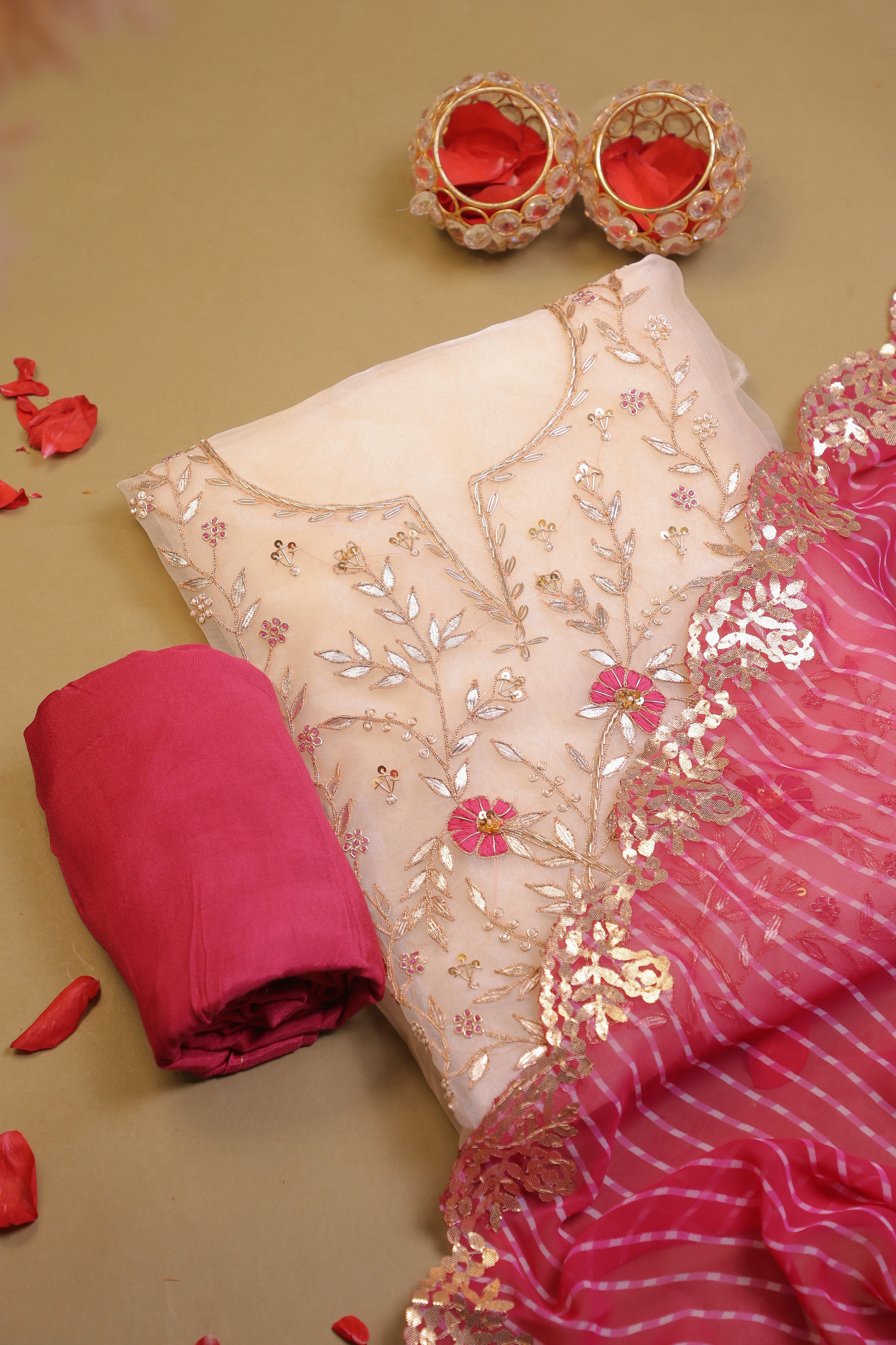 Off White Unstitch Suit with Handcrafted Heavy Gota Patti and Rani Thread Work