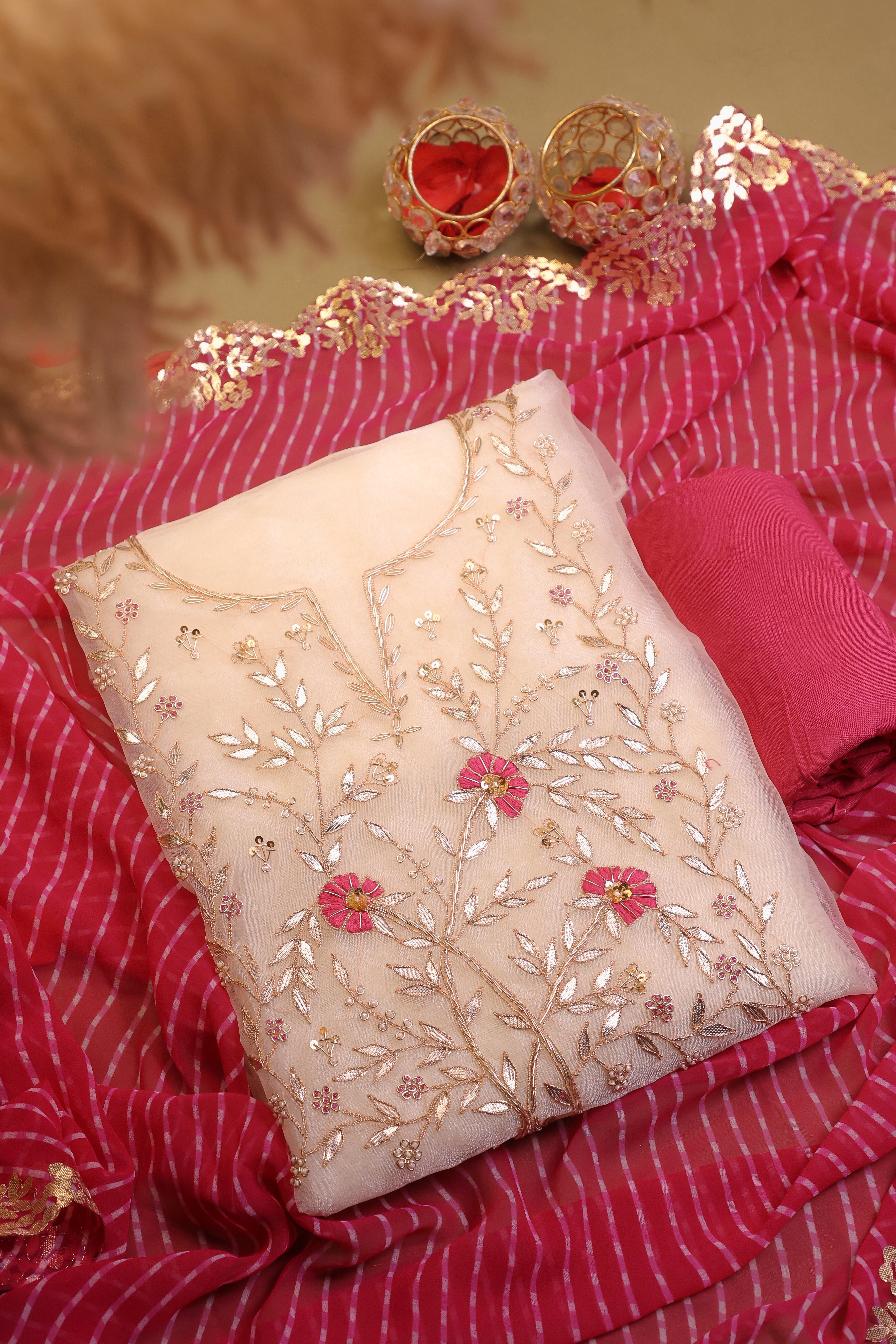 Off White Unstitch Suit with Handcrafted Heavy Gota Patti and Rani Thread Work