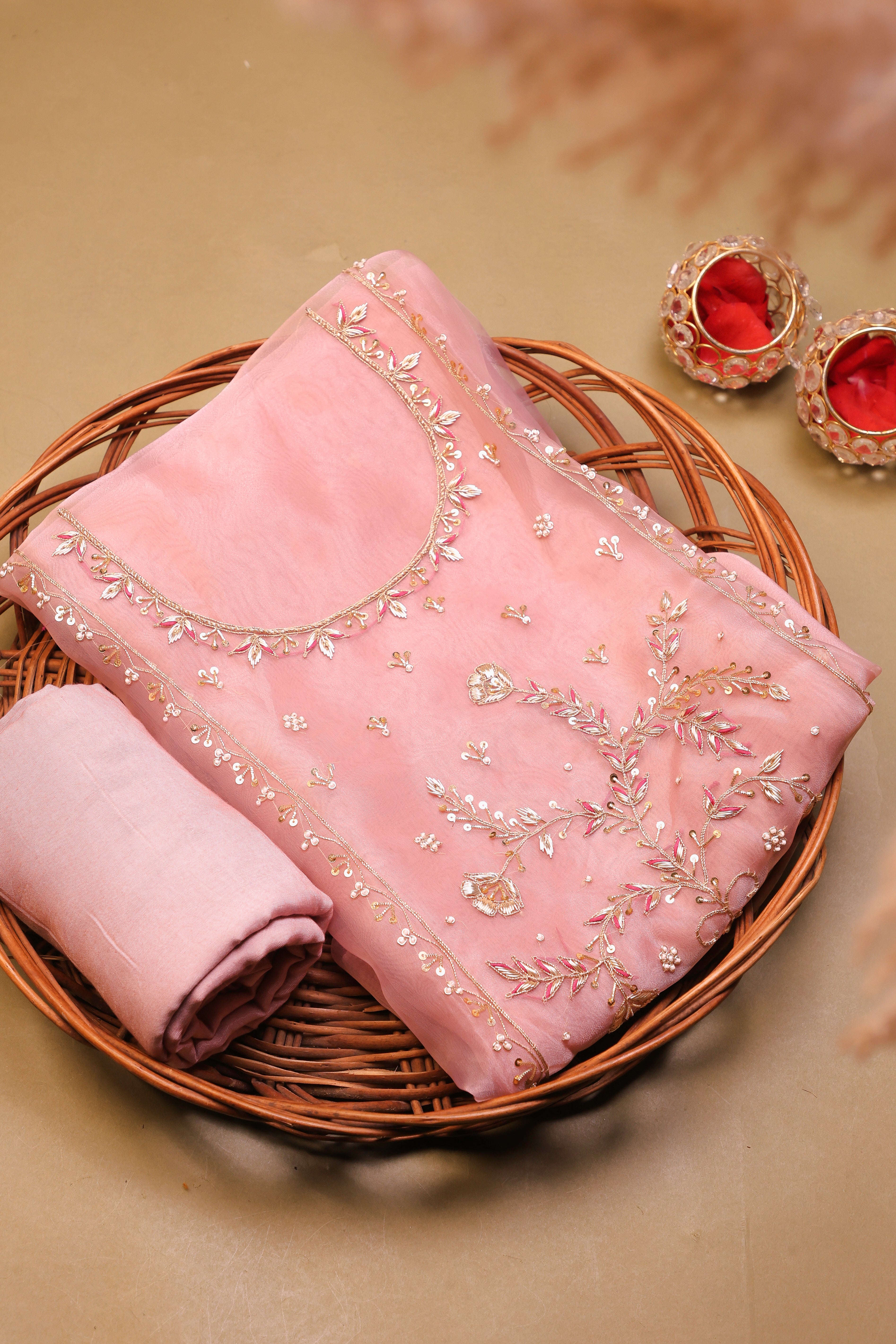 Onion Pink Unstitch Suit with Heavy Handcrafted Zardozi and Gota Patti Work